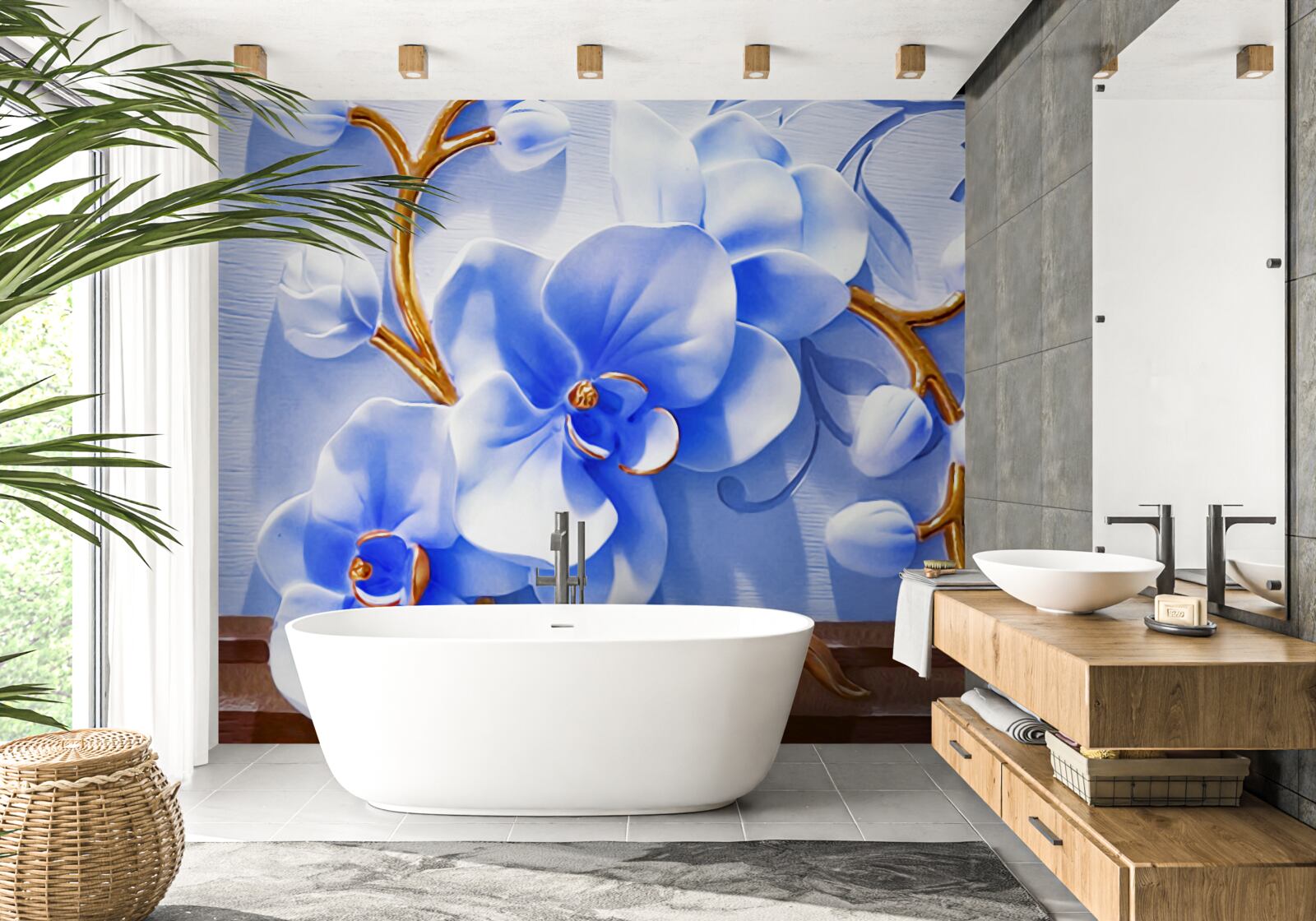 Fototapeta orchidea w niebiańskiej barwie na gałązkach ozdobionych złotem