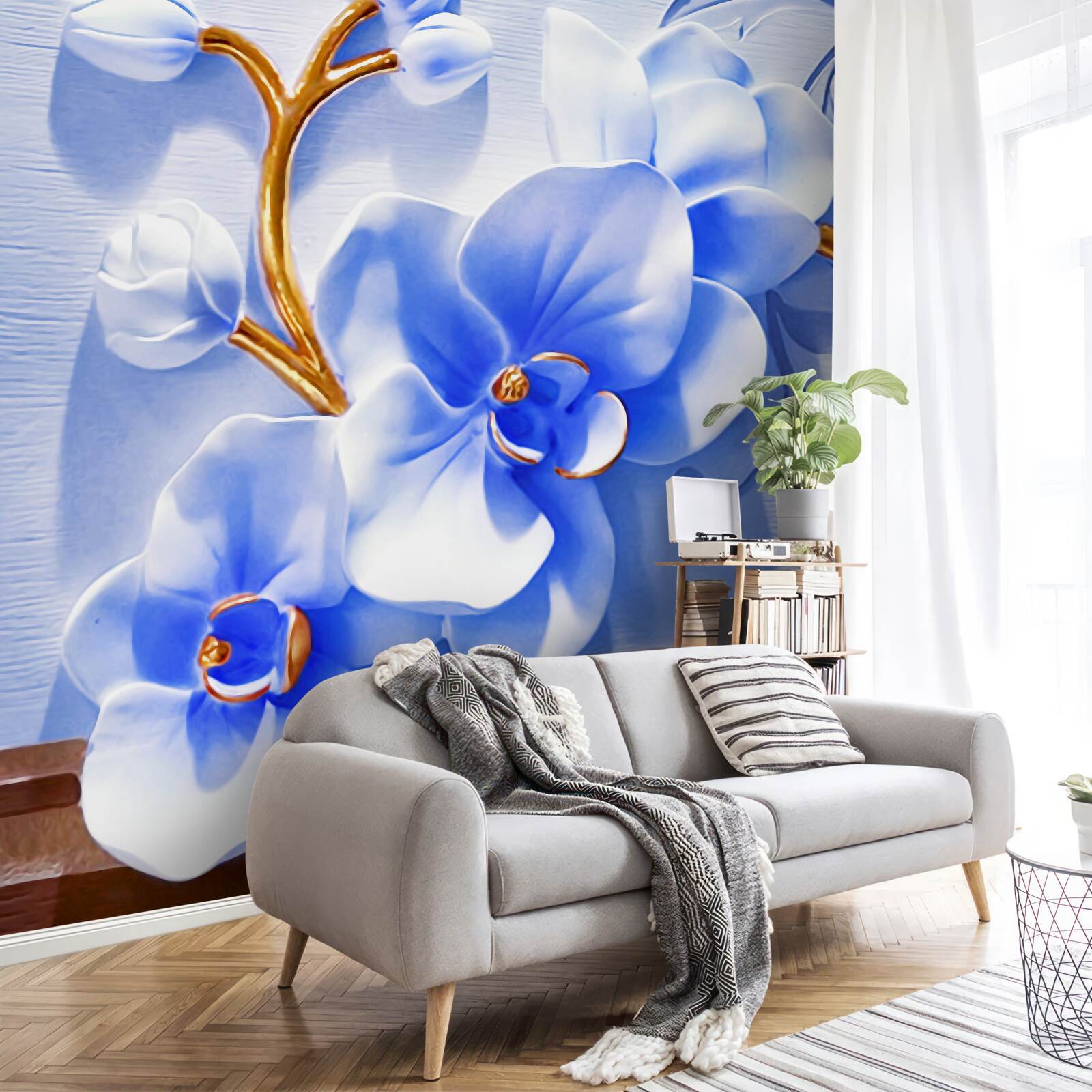Fototapeta orchidea w niebiańskiej barwie na gałązkach ozdobionych złotem