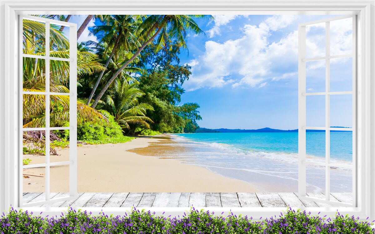 Fototapeta z okna roztacza się panorama plaży