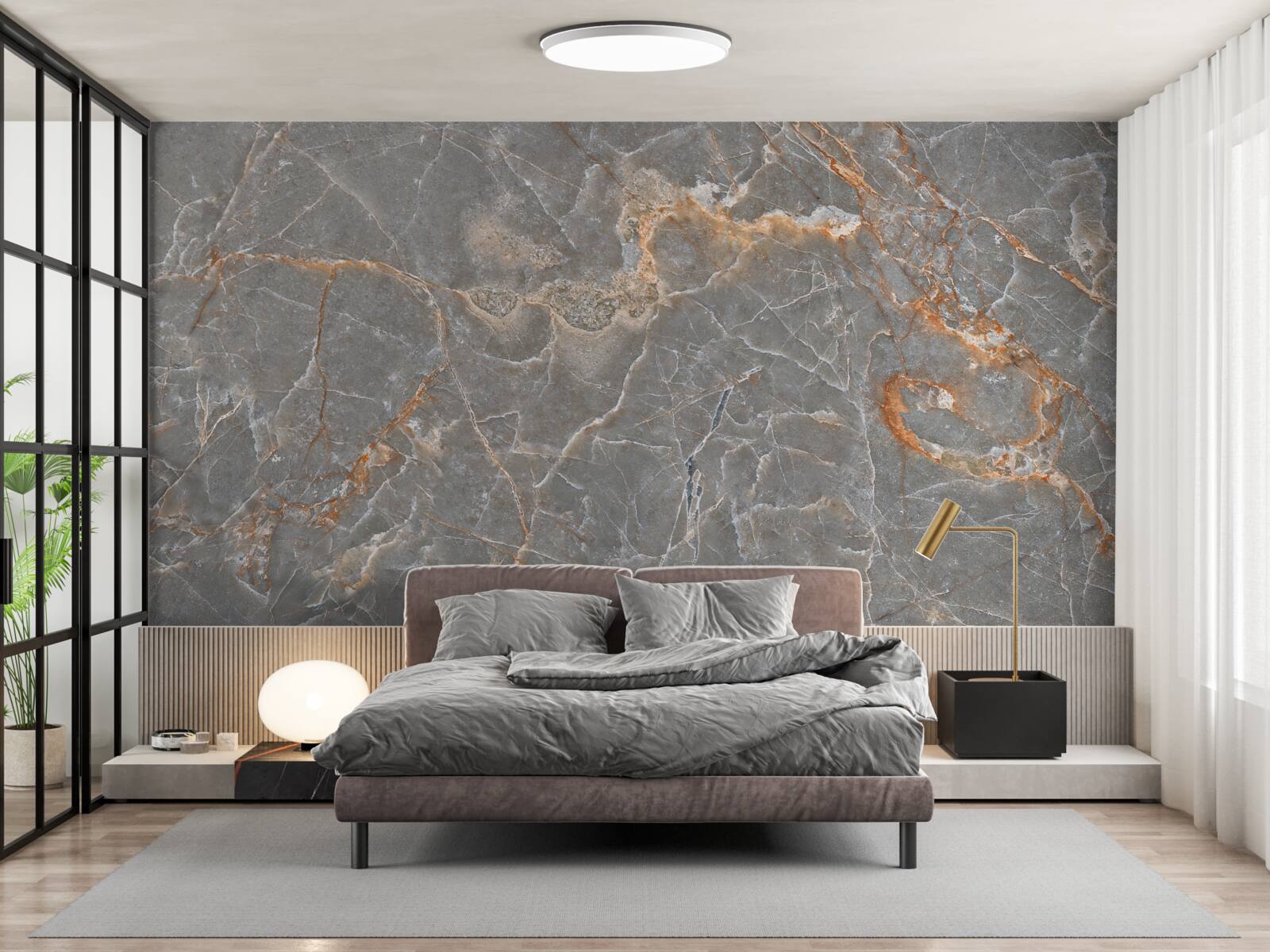 Fototapeta szare płytki porcelanowe ze złotymi gałązkami