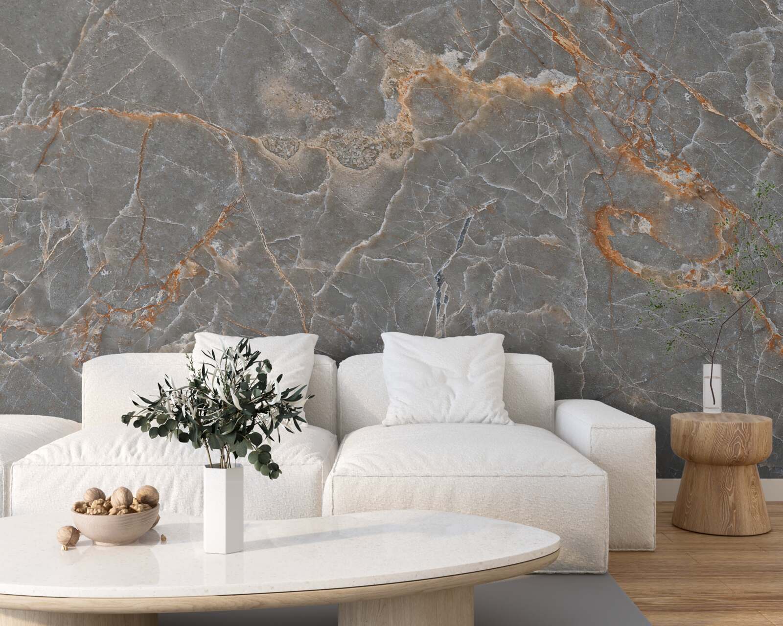 Fototapeta szare płytki porcelanowe ze złotymi gałązkami