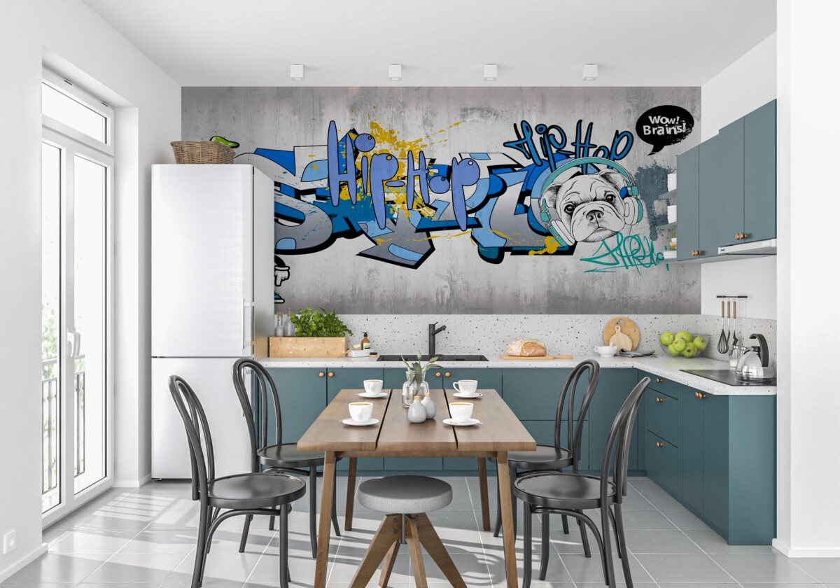 Fototapeta graffiti na ścianie ze zdjęciem psa w słuchawkach