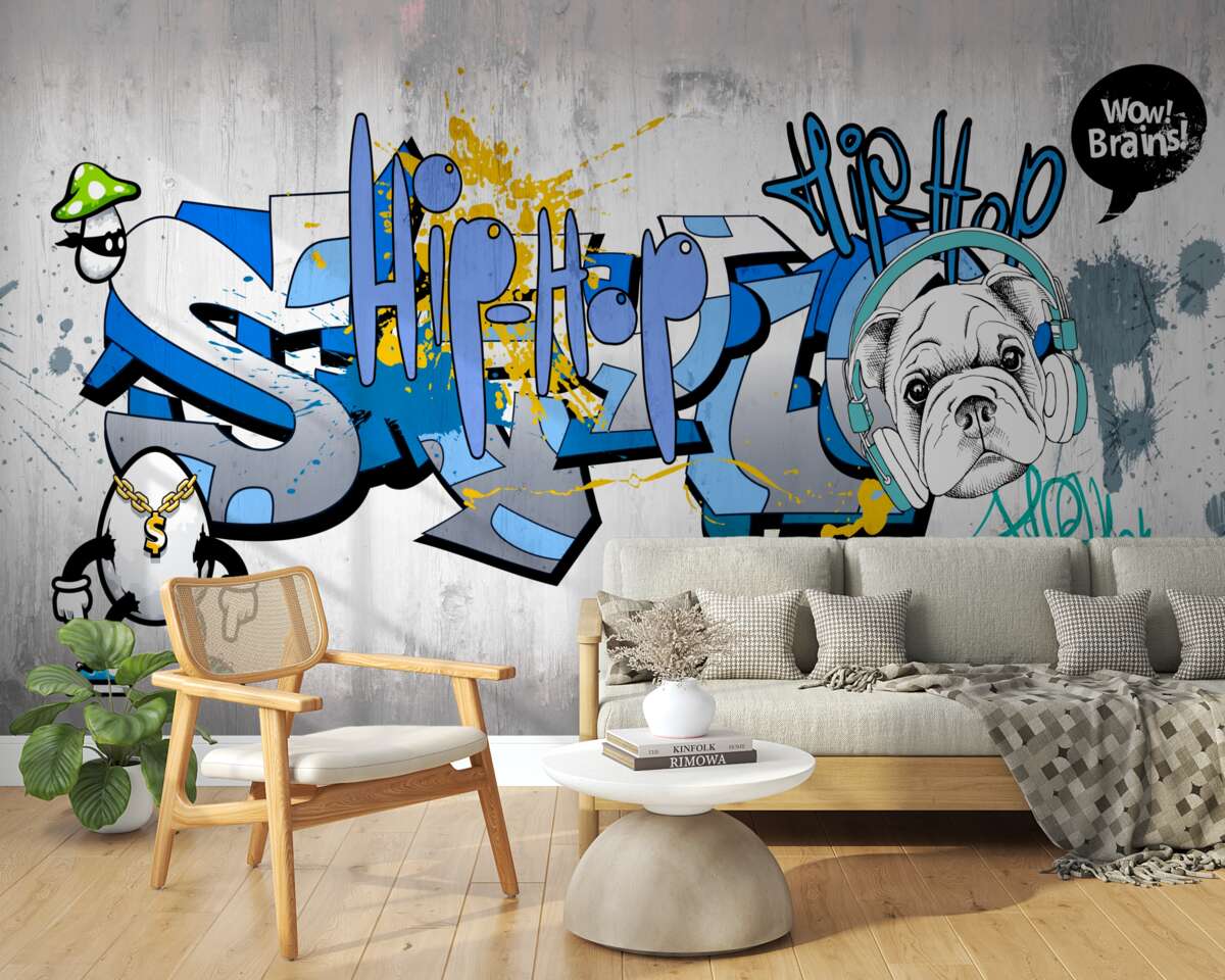 Fototapeta graffiti na ścianie ze zdjęciem psa w słuchawkach