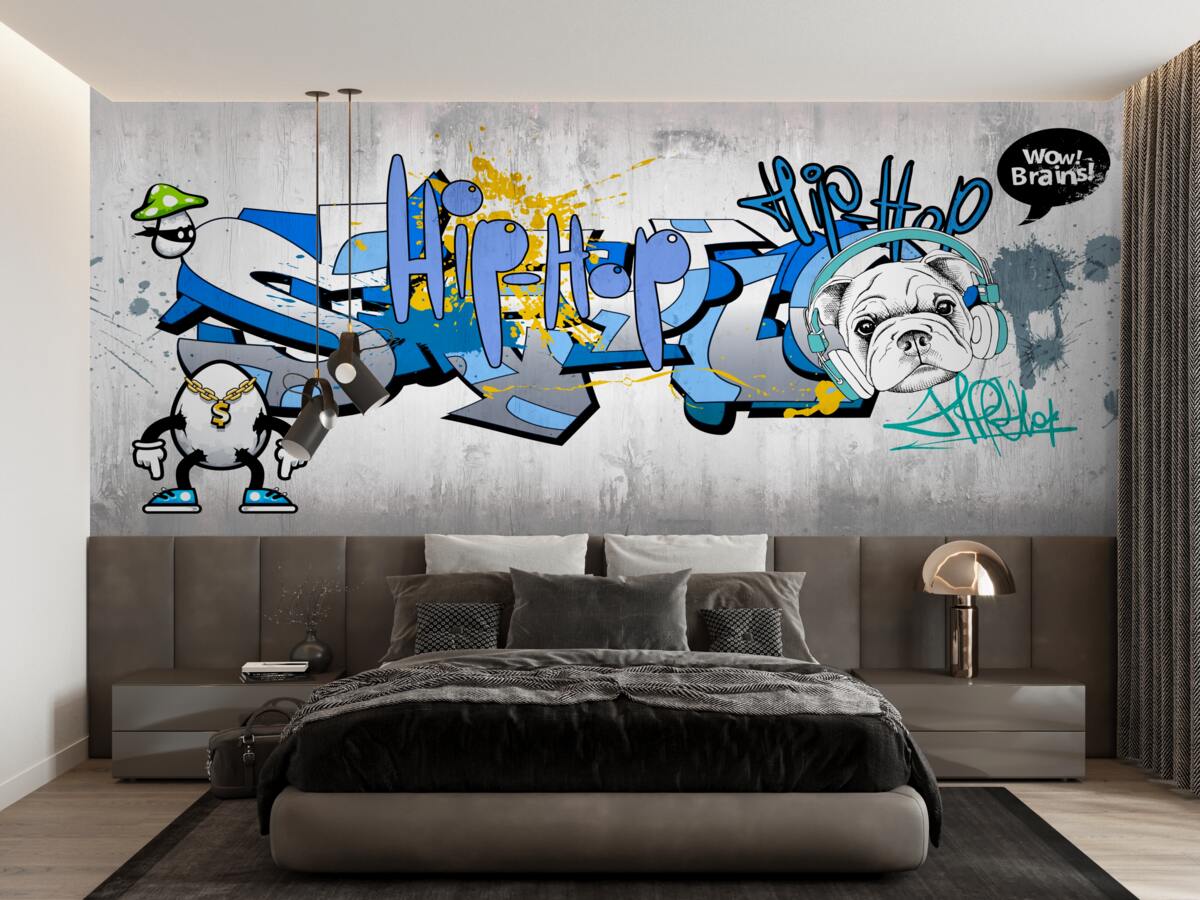 Fototapeta graffiti na ścianie ze zdjęciem psa w słuchawkach