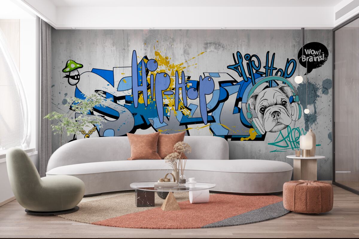 Fototapeta graffiti na ścianie ze zdjęciem psa w słuchawkach