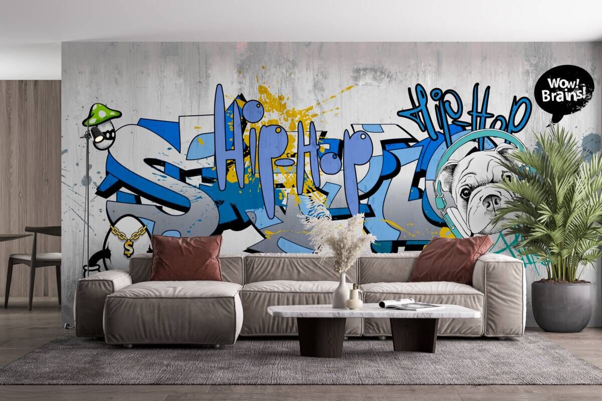 Fototapeta graffiti na ścianie ze zdjęciem psa w słuchawkach