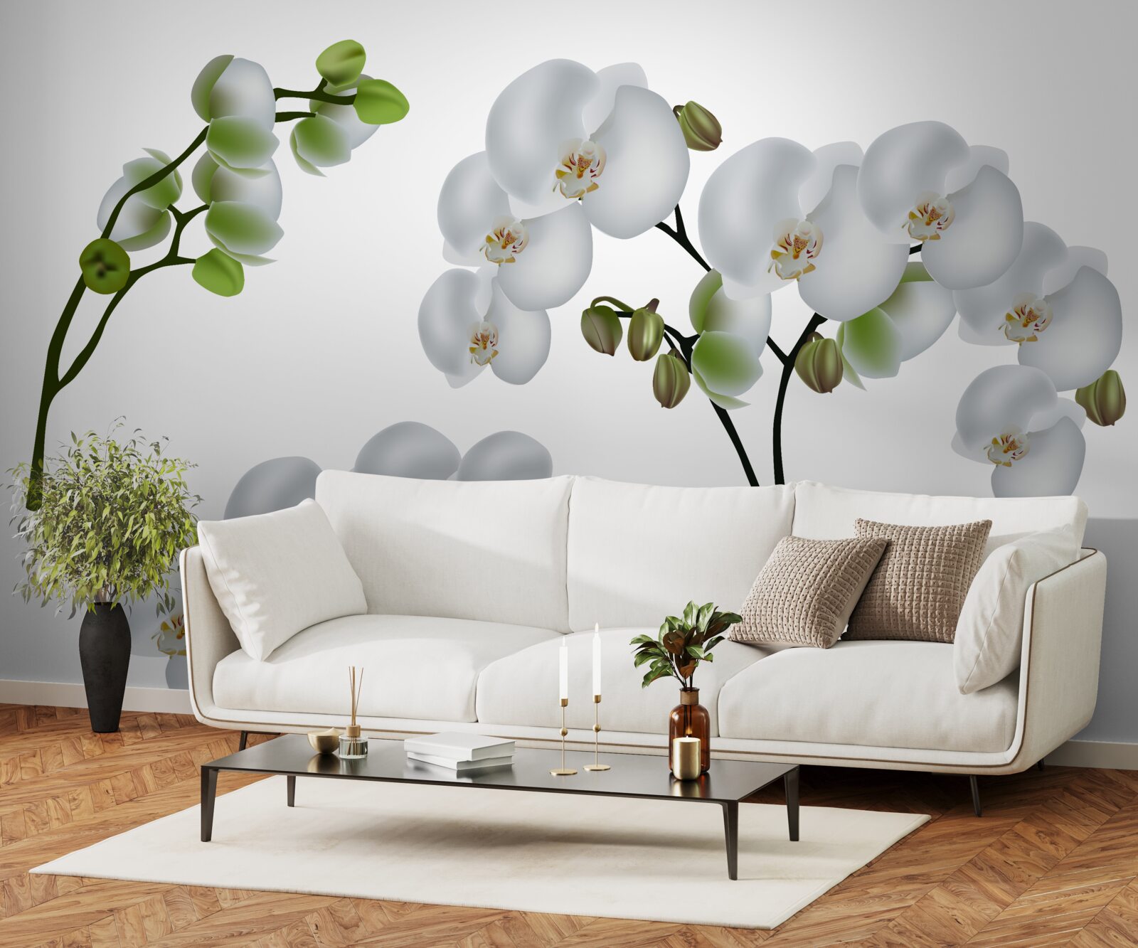 Fototapeta biała orchidea z zielonymi liśćmi