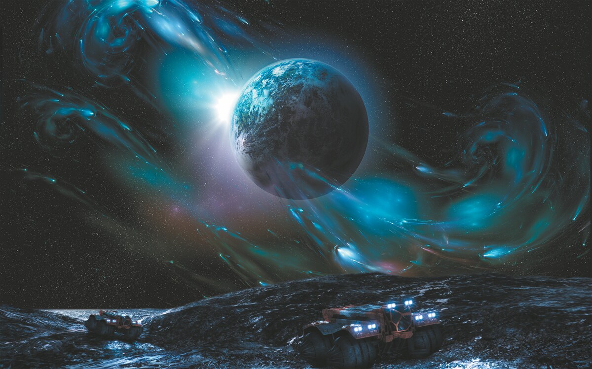 Fototapeta nocą planeta spowija kosmiczna mgła