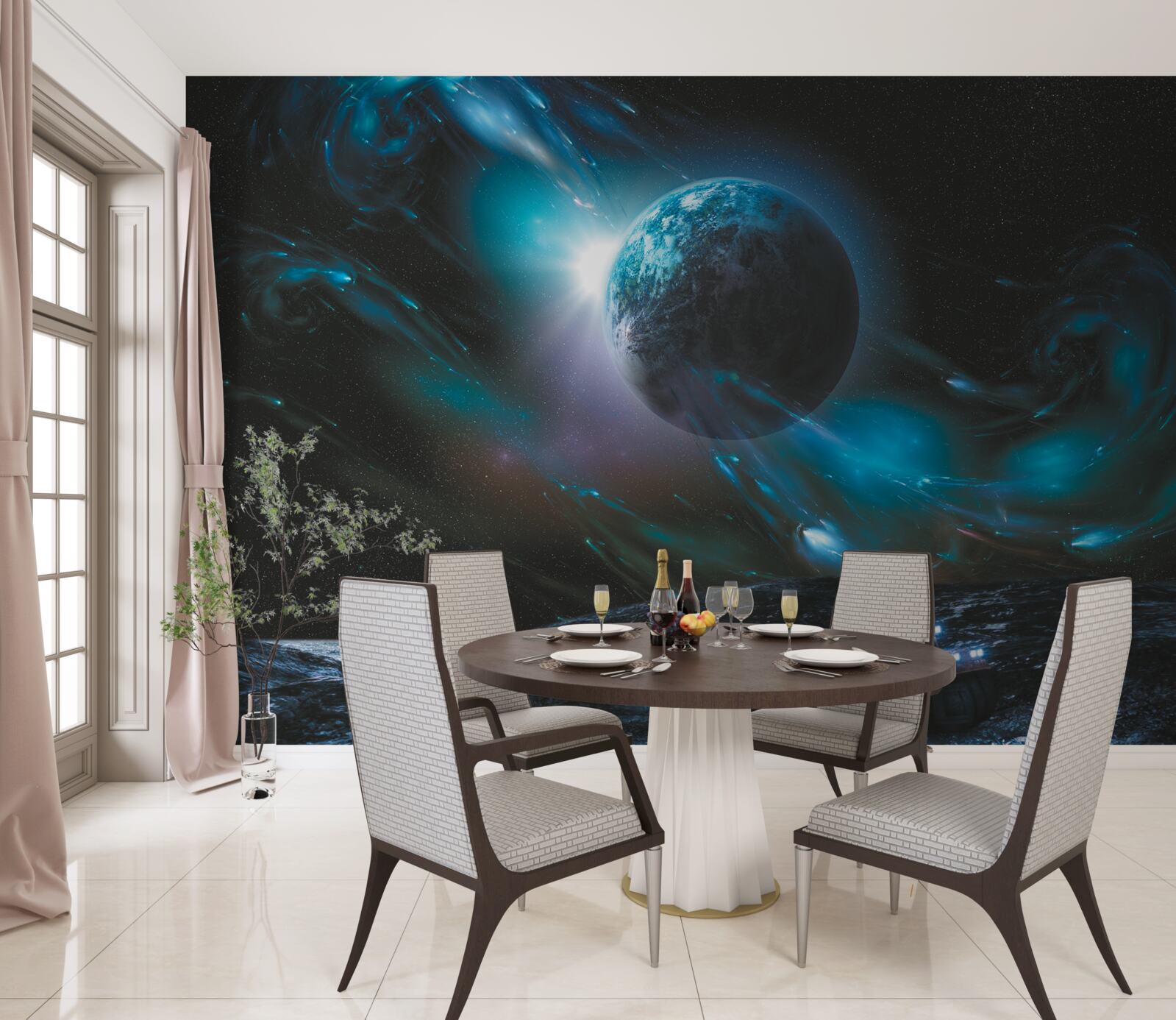 Fototapeta nocą planeta spowija kosmiczna mgła