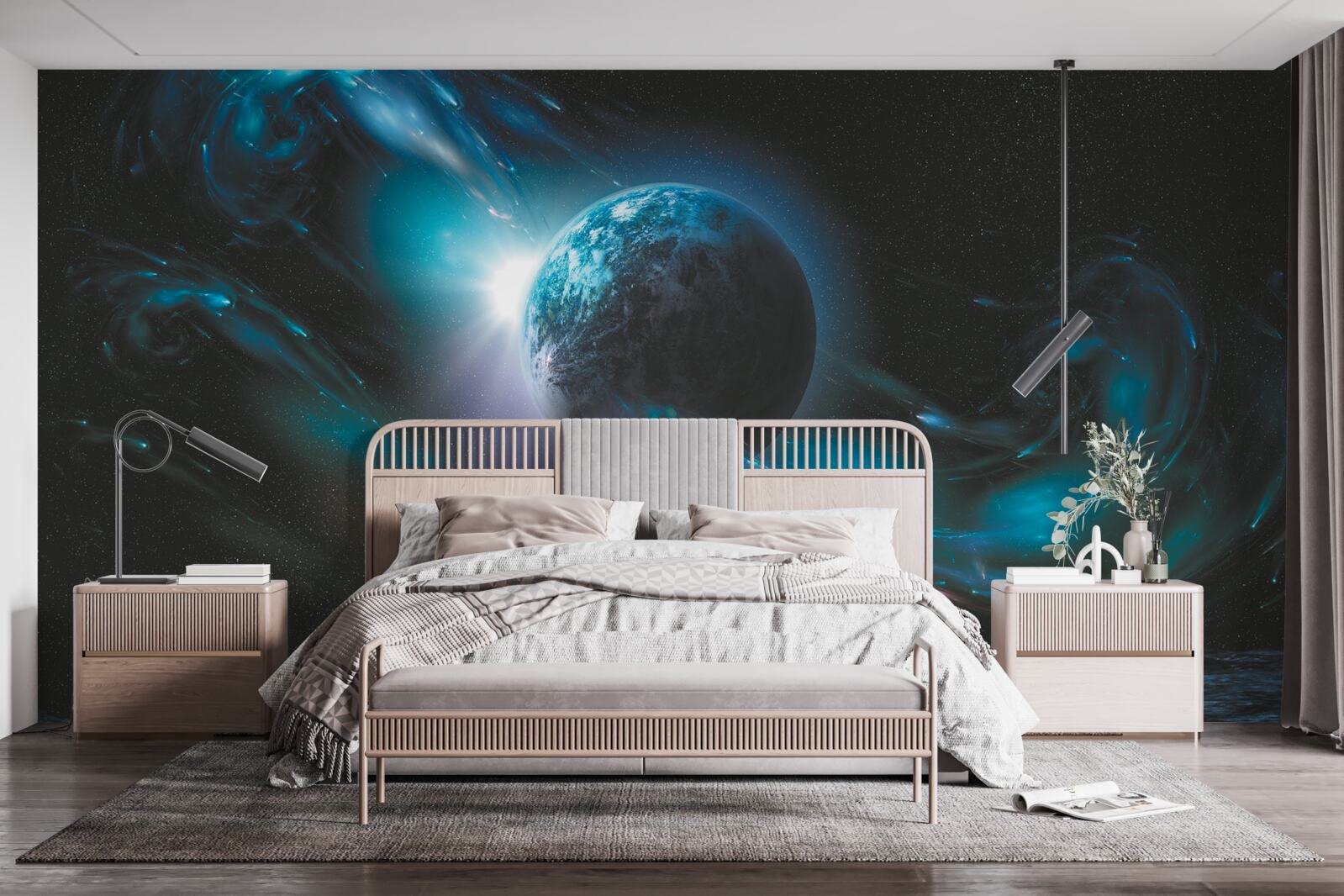 Fototapeta nocą planeta spowija kosmiczna mgła