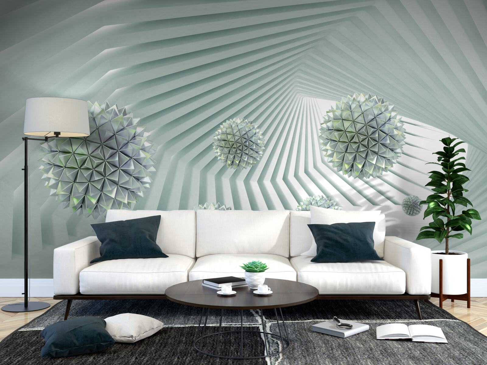 Fototapeta tunel z geometrycznym wzorem i latającymi kulkami