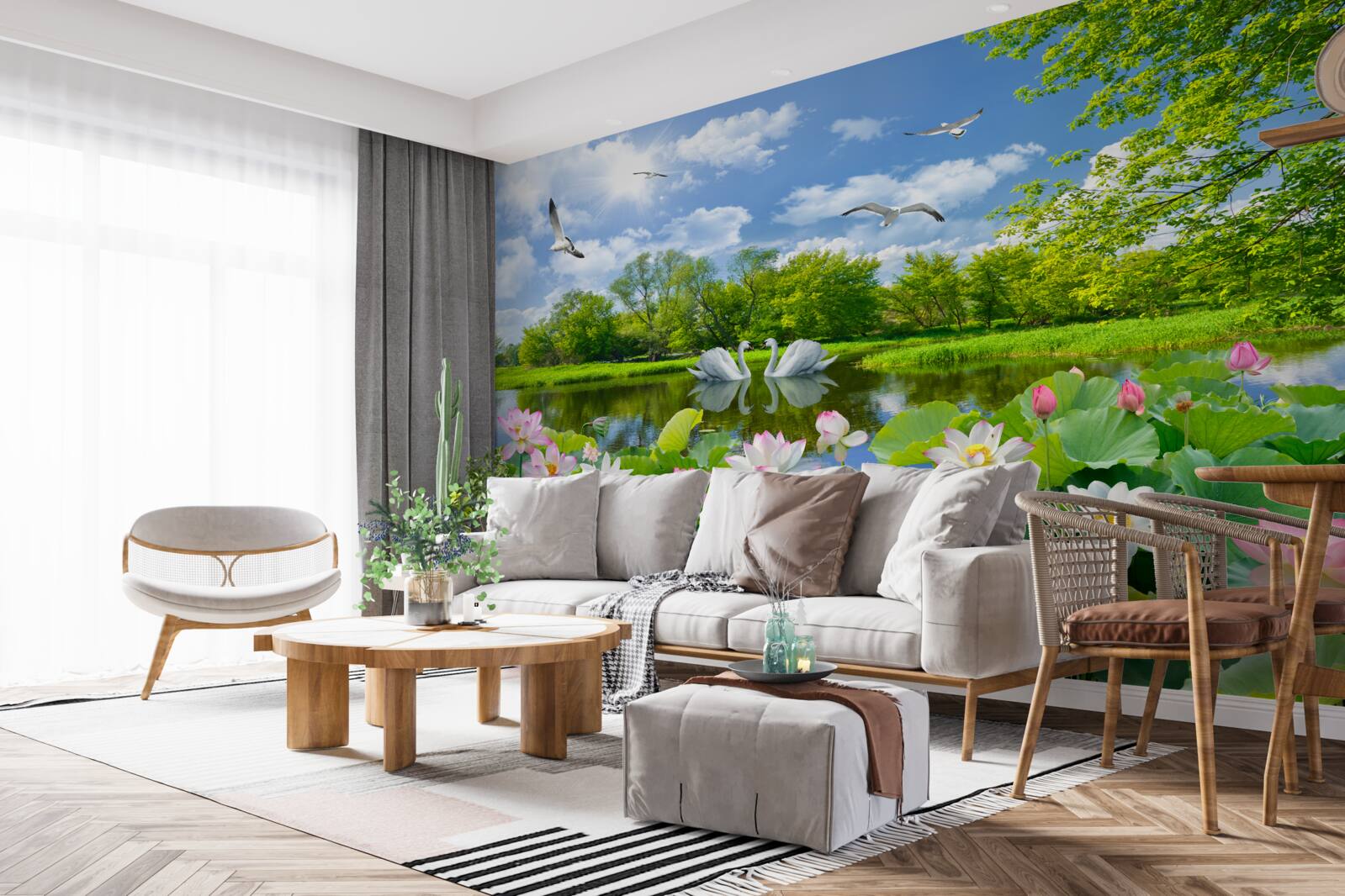Fototapeta las w pobliżu wody i letnich kwiatów