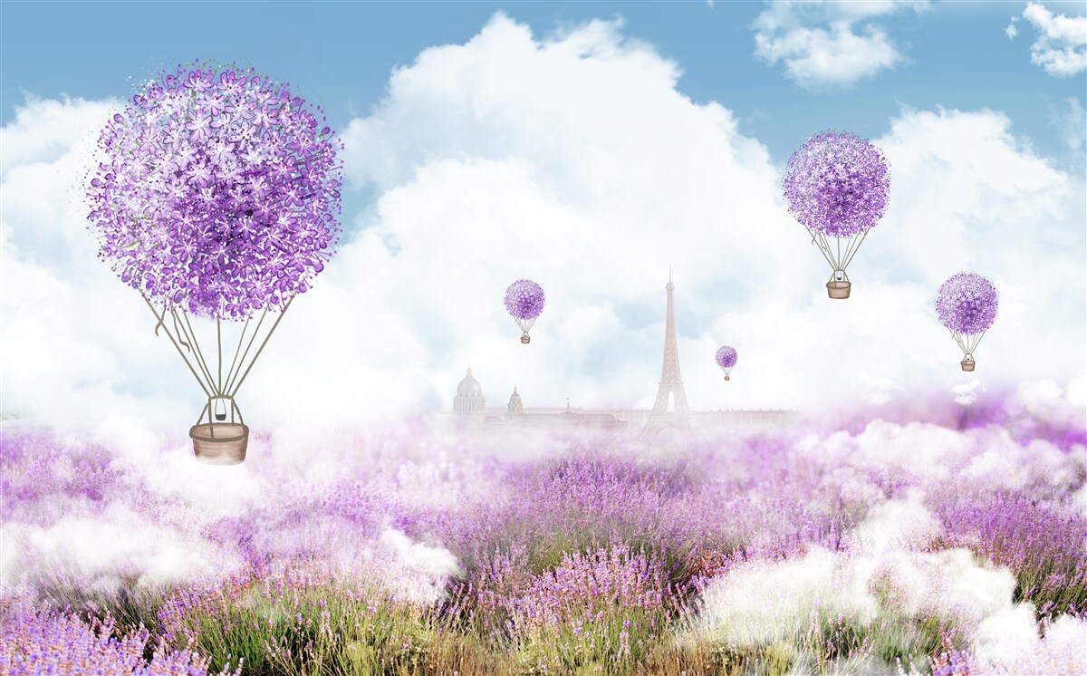 Fototapeta balony ciepłego powietrza lecą nad polem lawendy