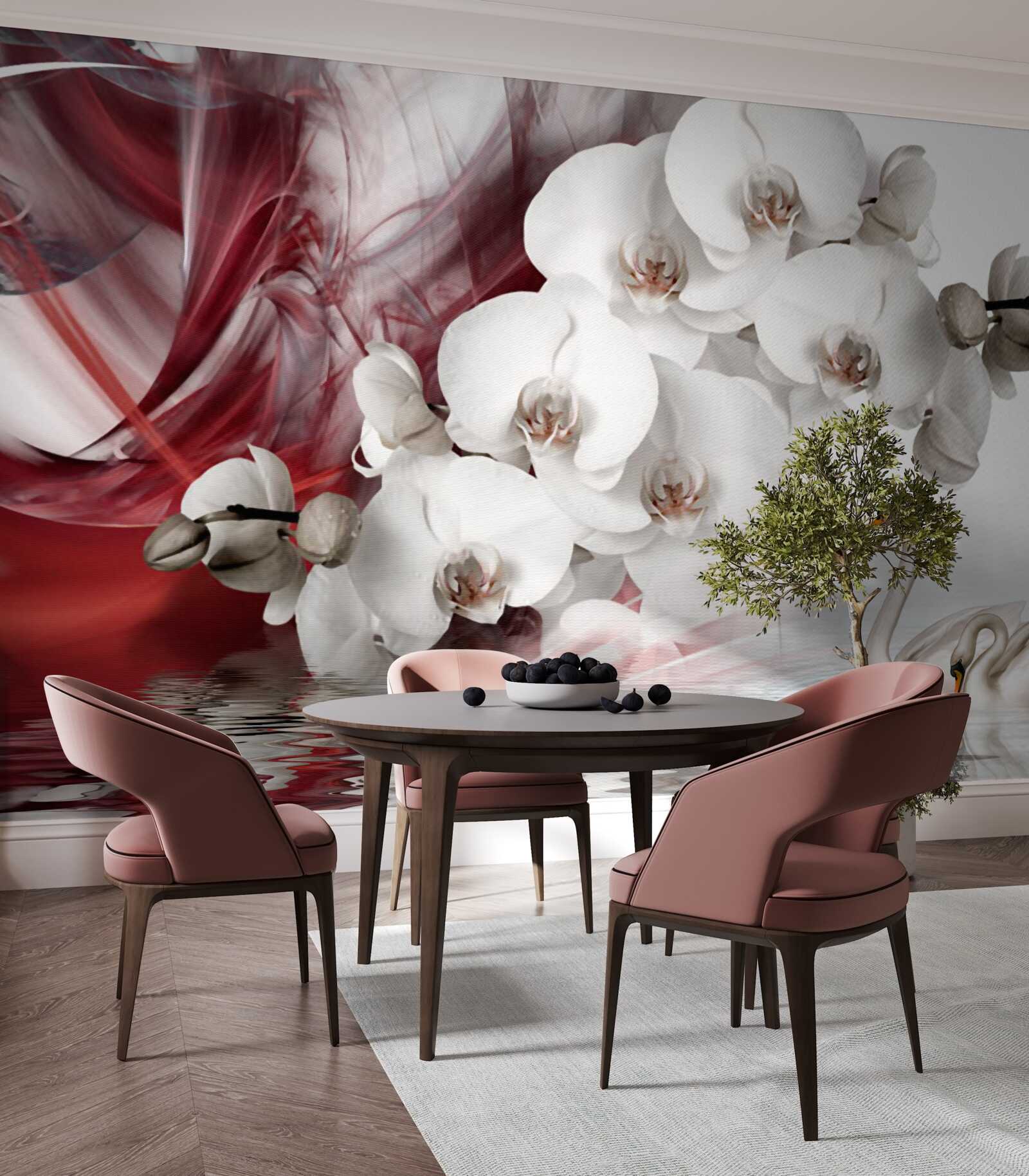 Fototapeta orchidee z białymi pąkami w pobliżu stawu z łabędziami