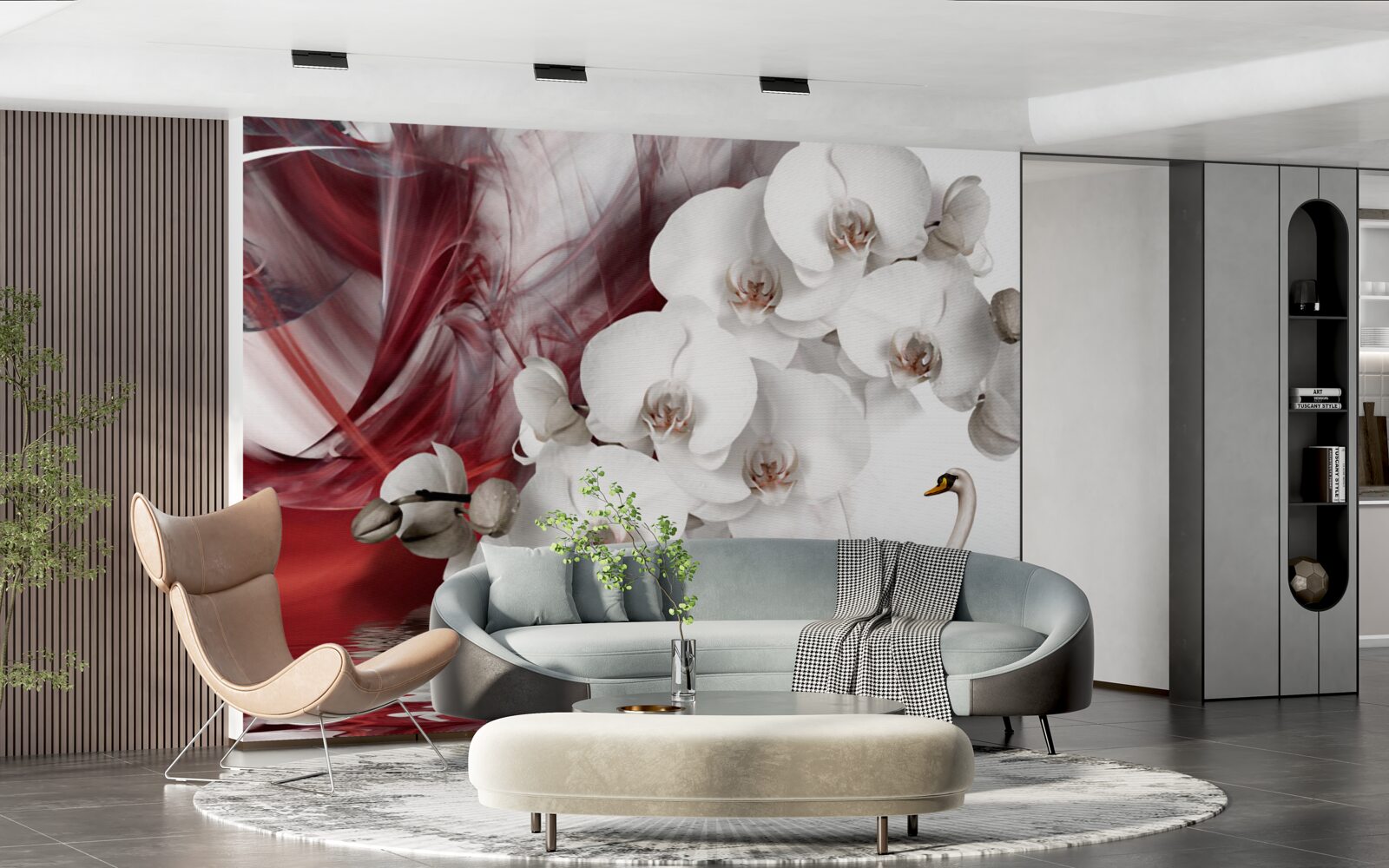 Fototapeta orchidee z białymi pąkami w pobliżu stawu z łabędziami