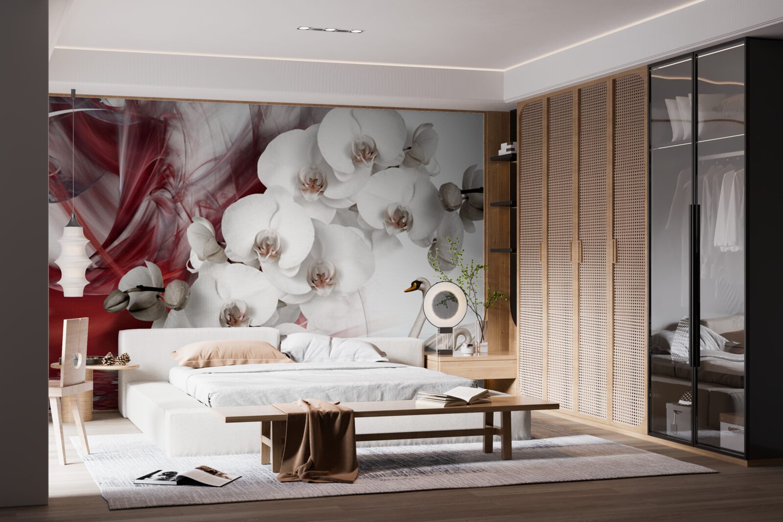 Fototapeta orchidee z białymi pąkami w pobliżu stawu z łabędziami