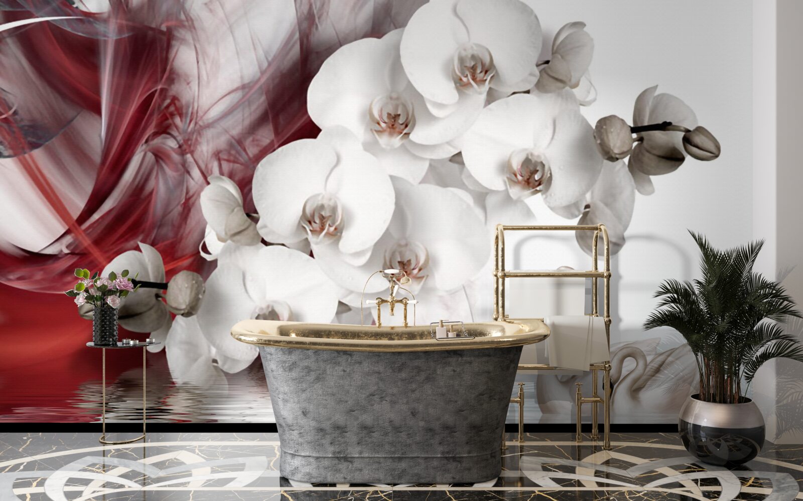Fototapeta orchidee z białymi pąkami w pobliżu stawu z łabędziami