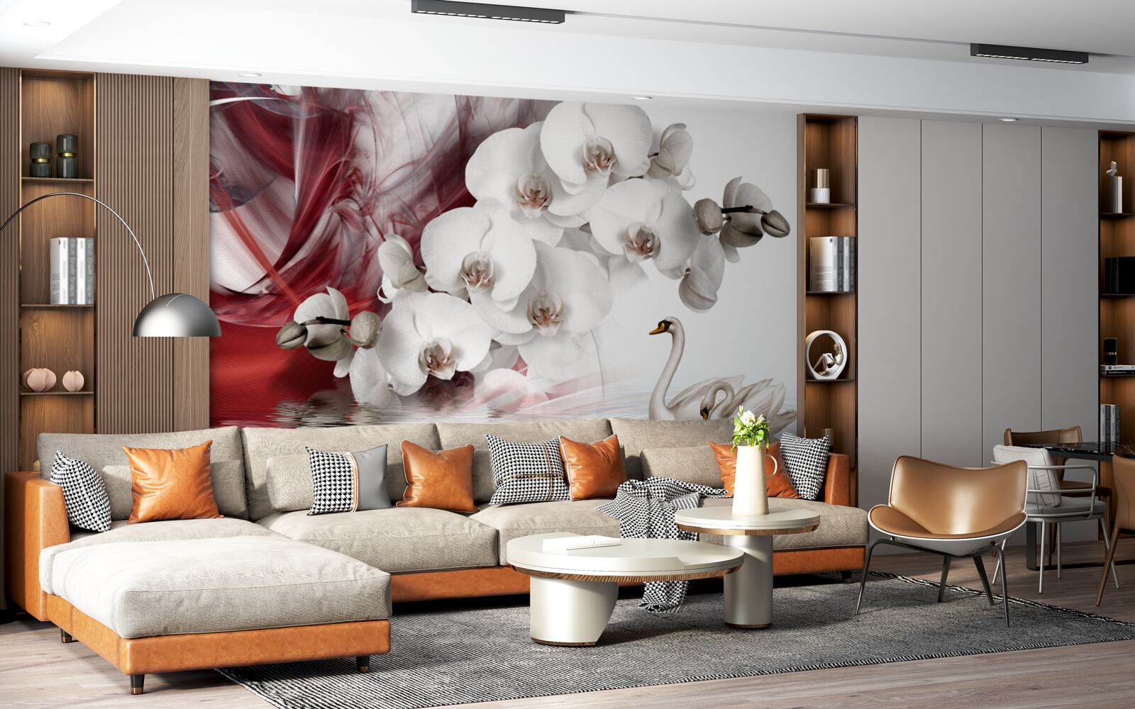 Fototapeta orchidee z białymi pąkami w pobliżu stawu z łabędziami