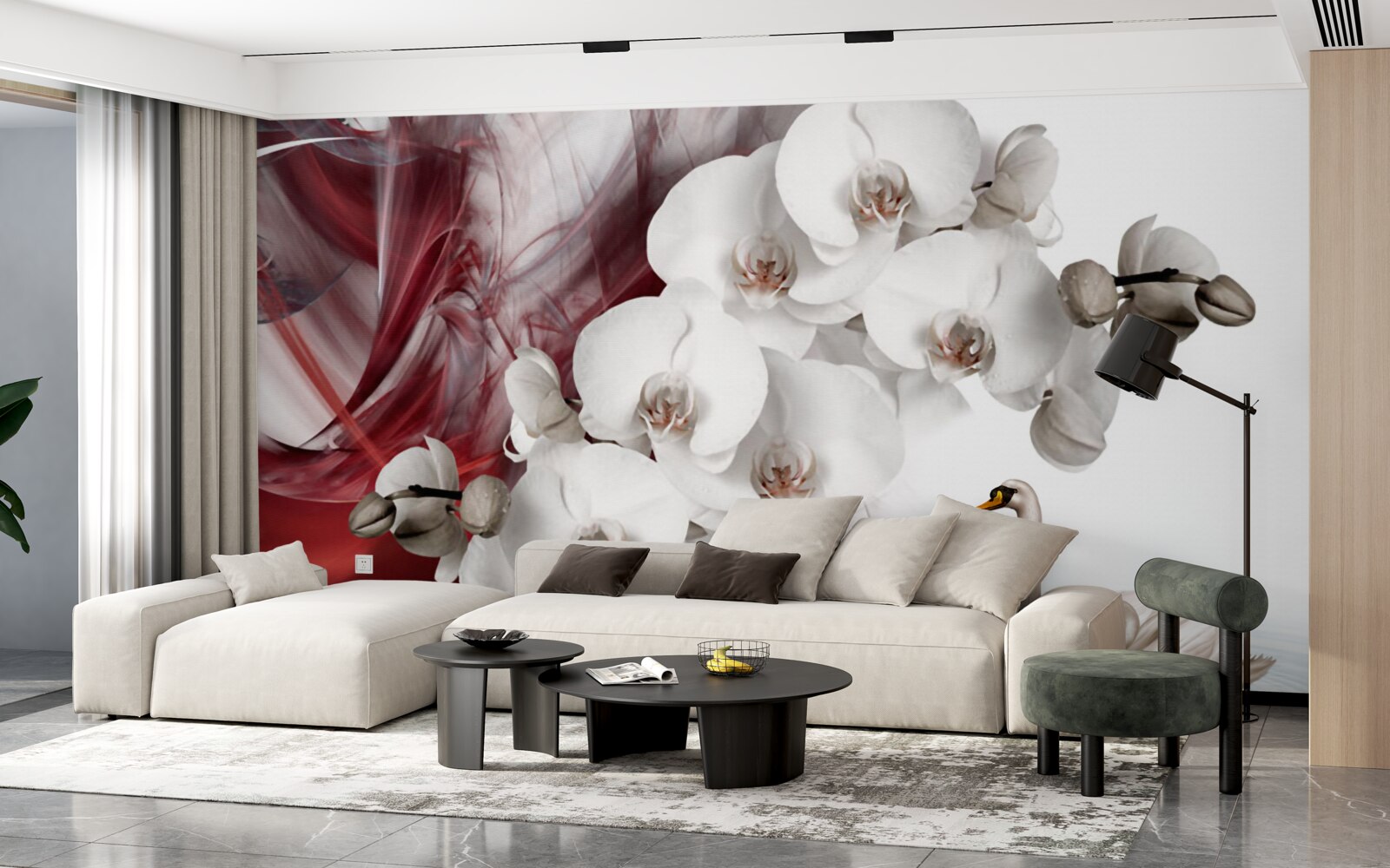 Fototapeta orchidee z białymi pąkami w pobliżu stawu z łabędziami