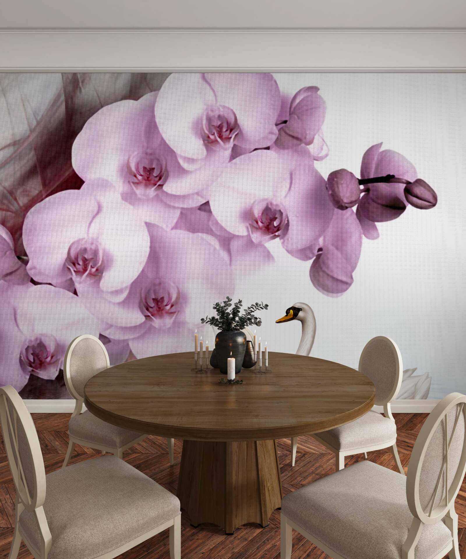 Fototapeta łabędzie na powierzchni wody i delikatny kwiat liliowej orchidei