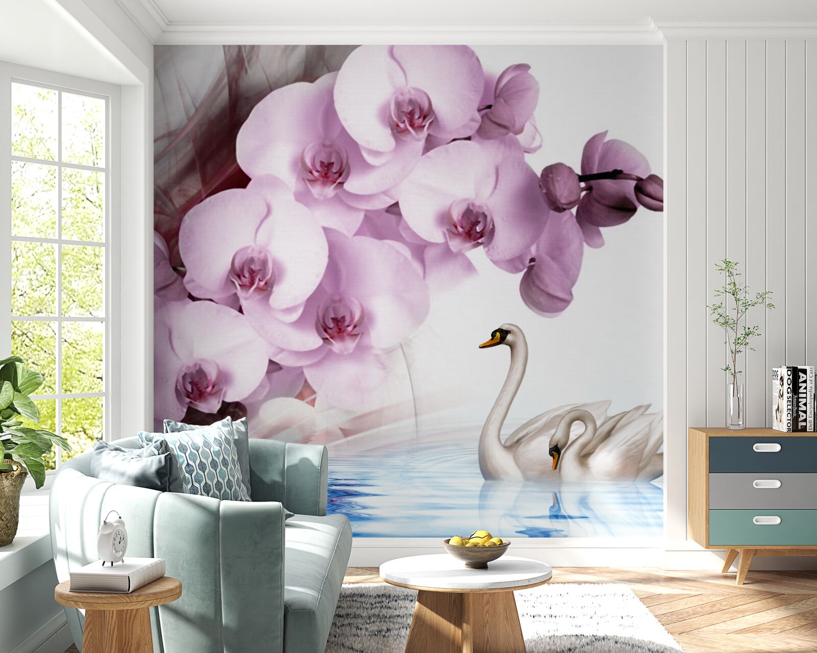 Fototapeta łabędzie na powierzchni wody i delikatny kwiat liliowej orchidei