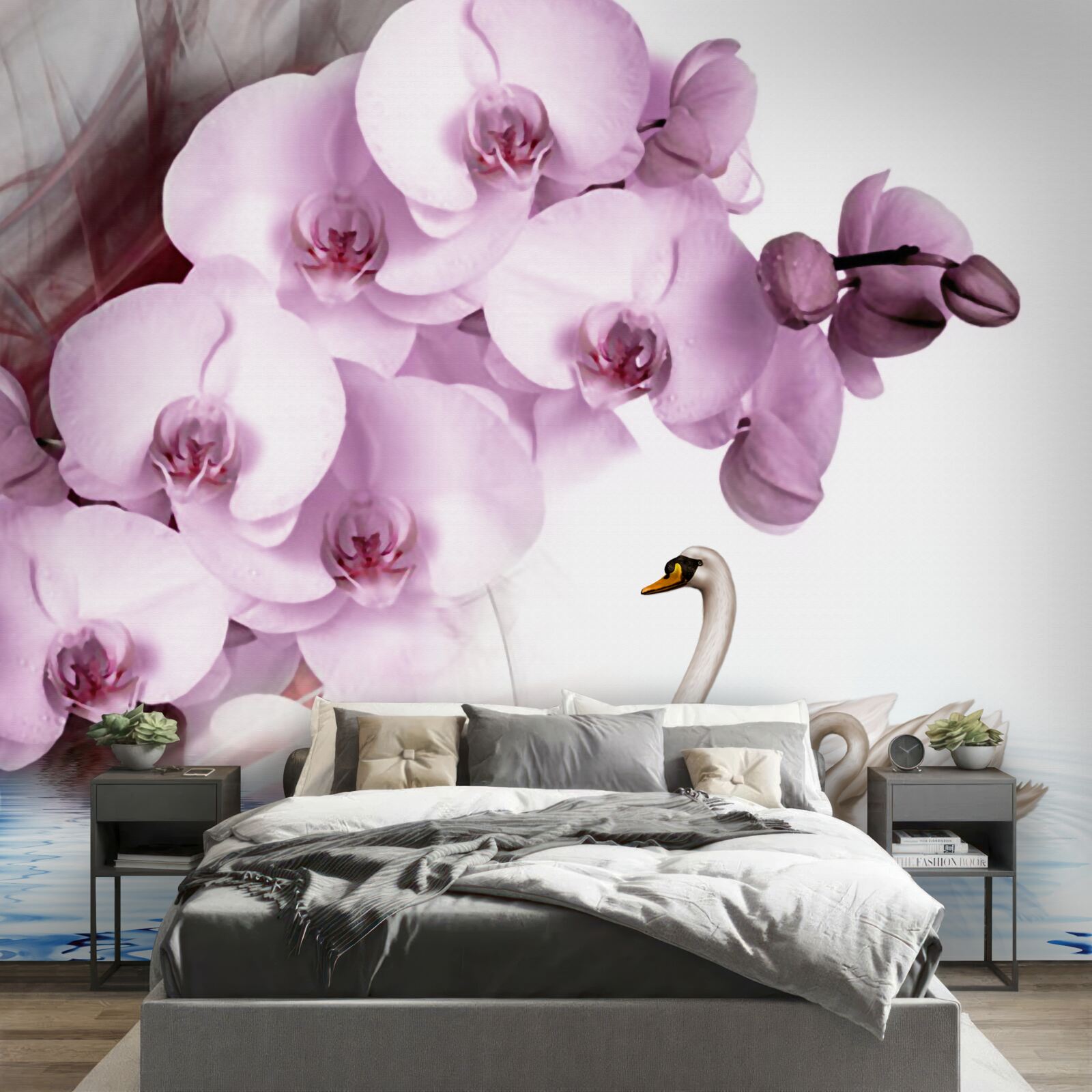 Fototapeta łabędzie na powierzchni wody i delikatny kwiat liliowej orchidei