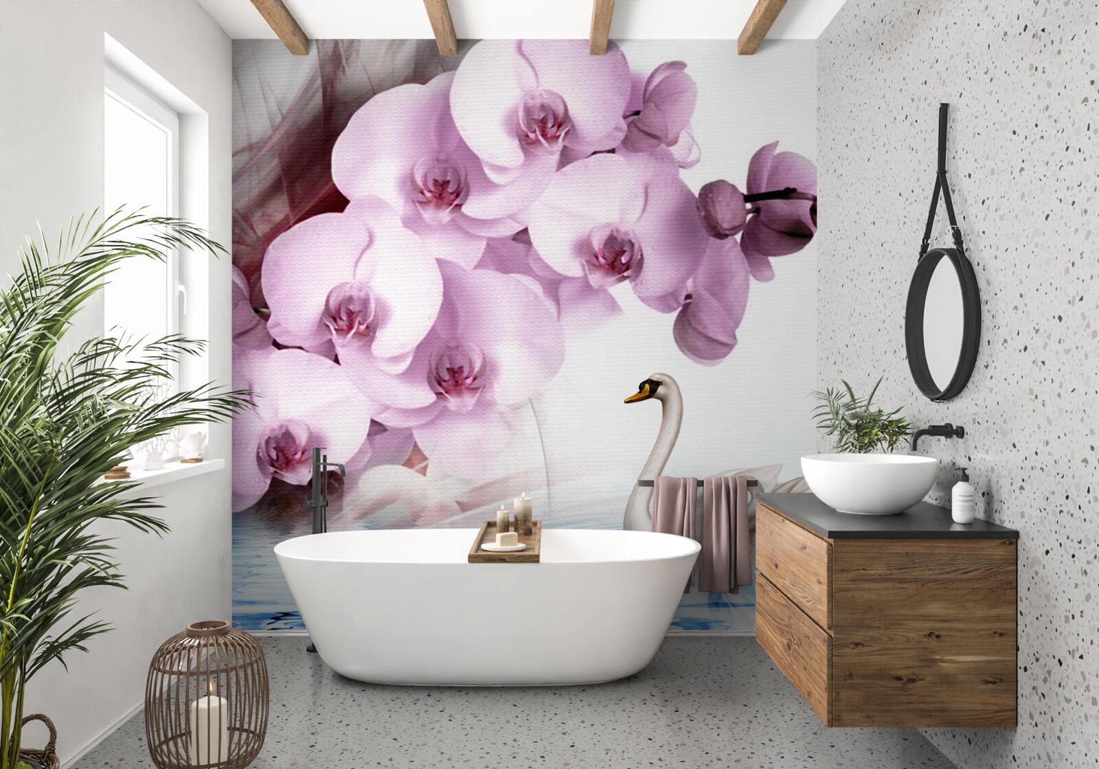 Fototapeta łabędzie na powierzchni wody i delikatny kwiat liliowej orchidei