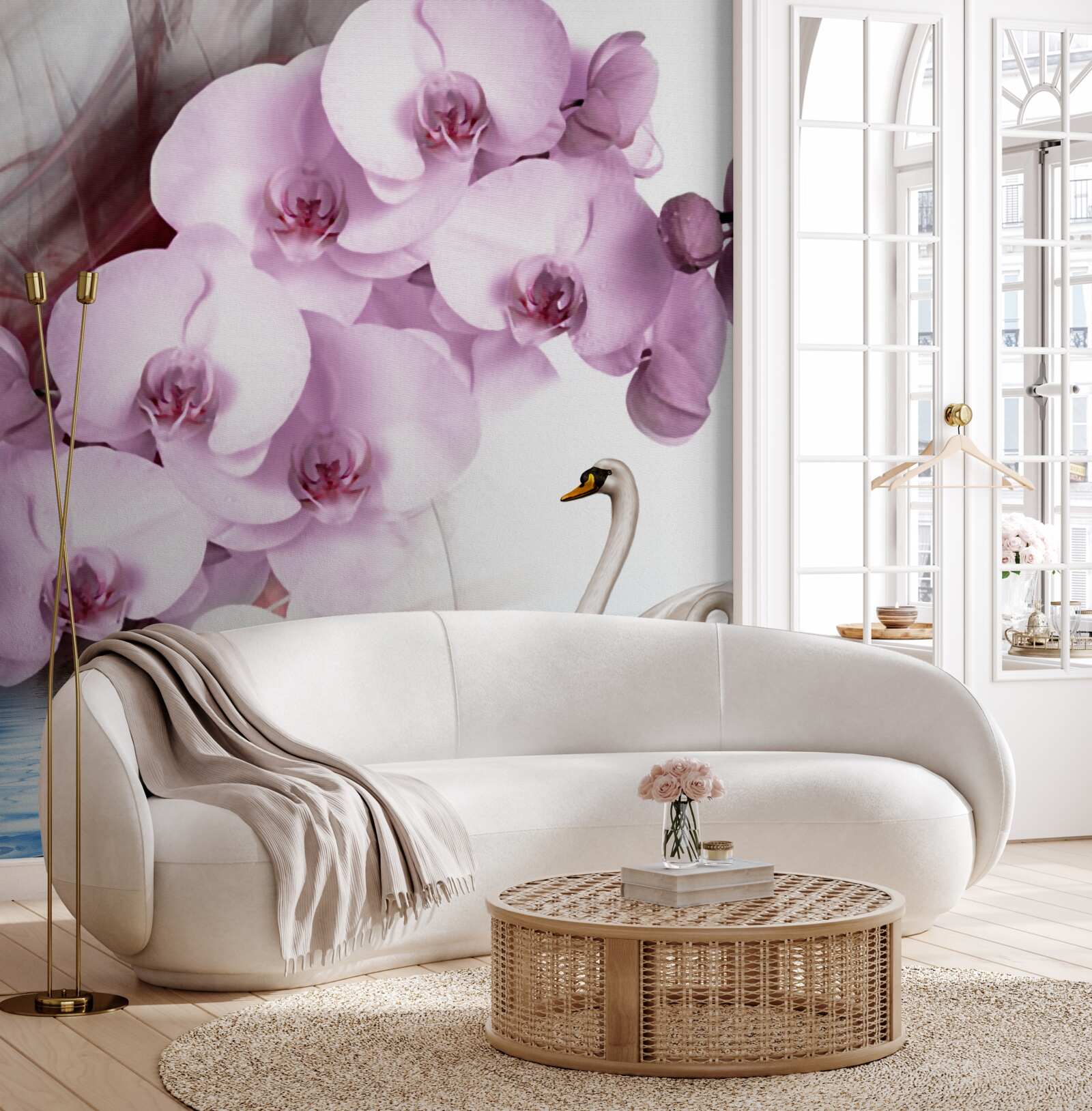 Fototapeta łabędzie na powierzchni wody i delikatny kwiat liliowej orchidei