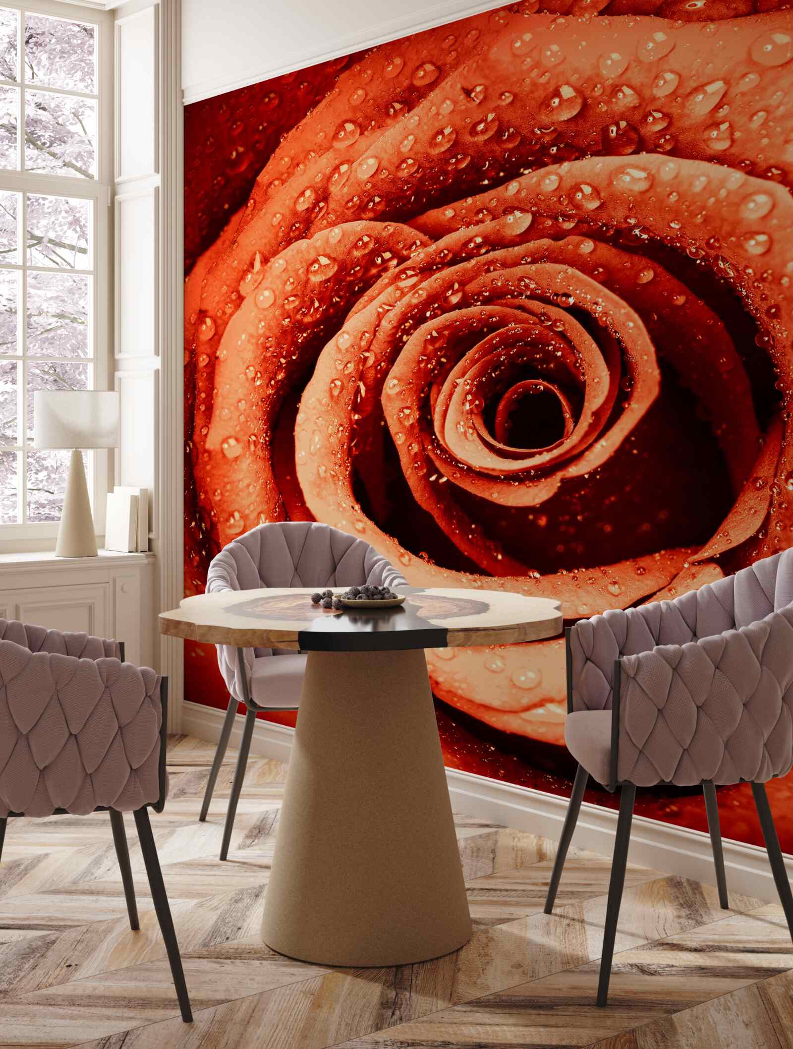 Fototapeta krople rosy na szkarłatnym płatku róży