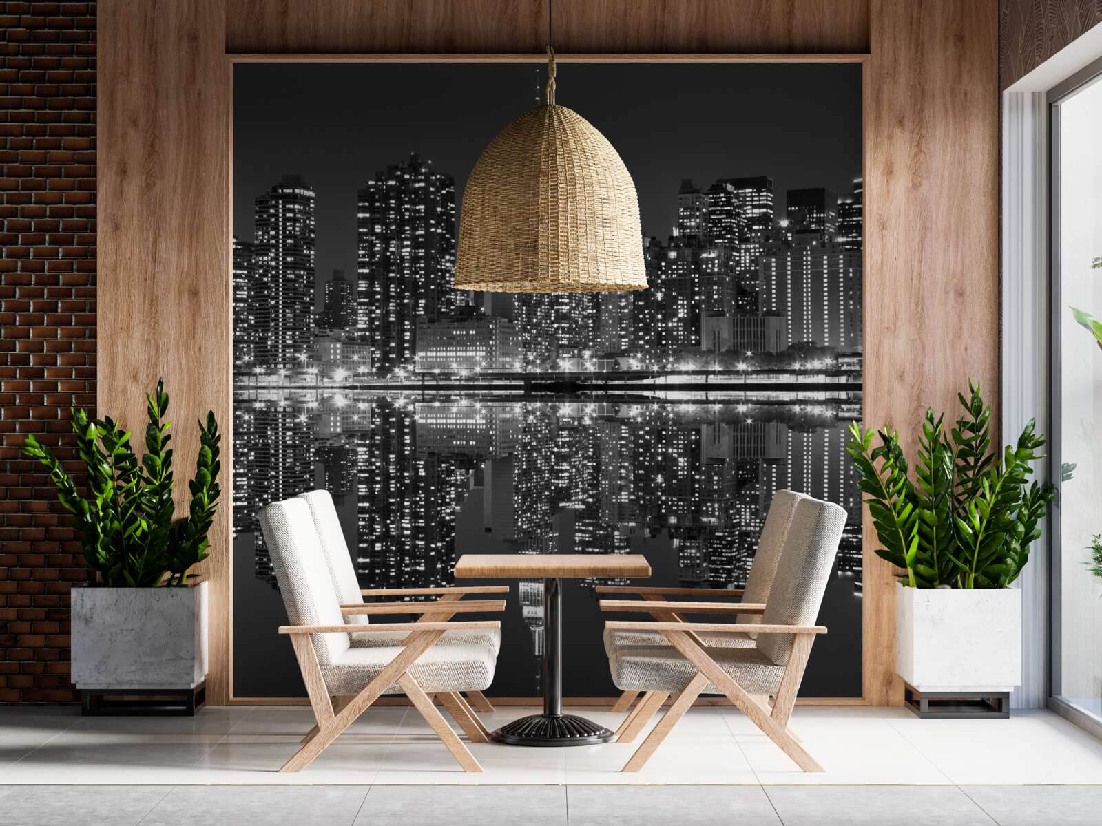 Fototapeta w odbiciach wody widać panoramę miasta