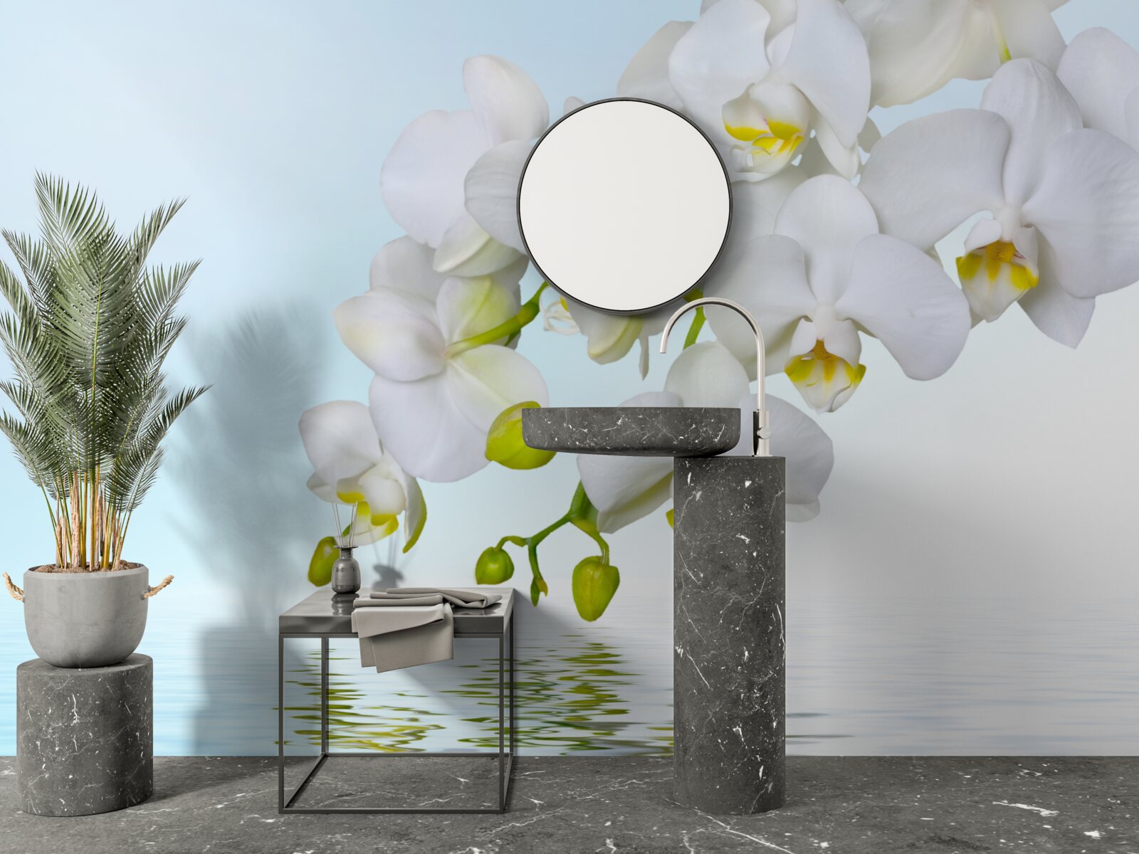 Fototapeta gałąź białej orchidei w pobliżu spokojnej wody