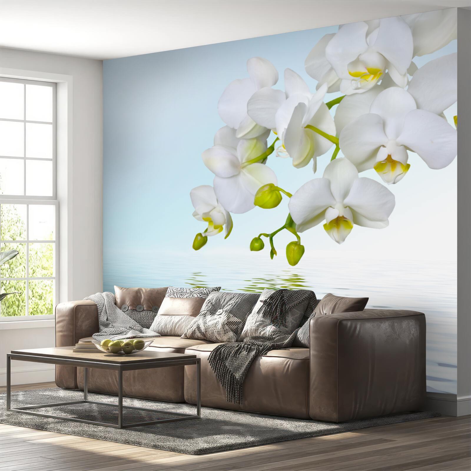 Fototapeta gałąź białej orchidei w pobliżu spokojnej wody