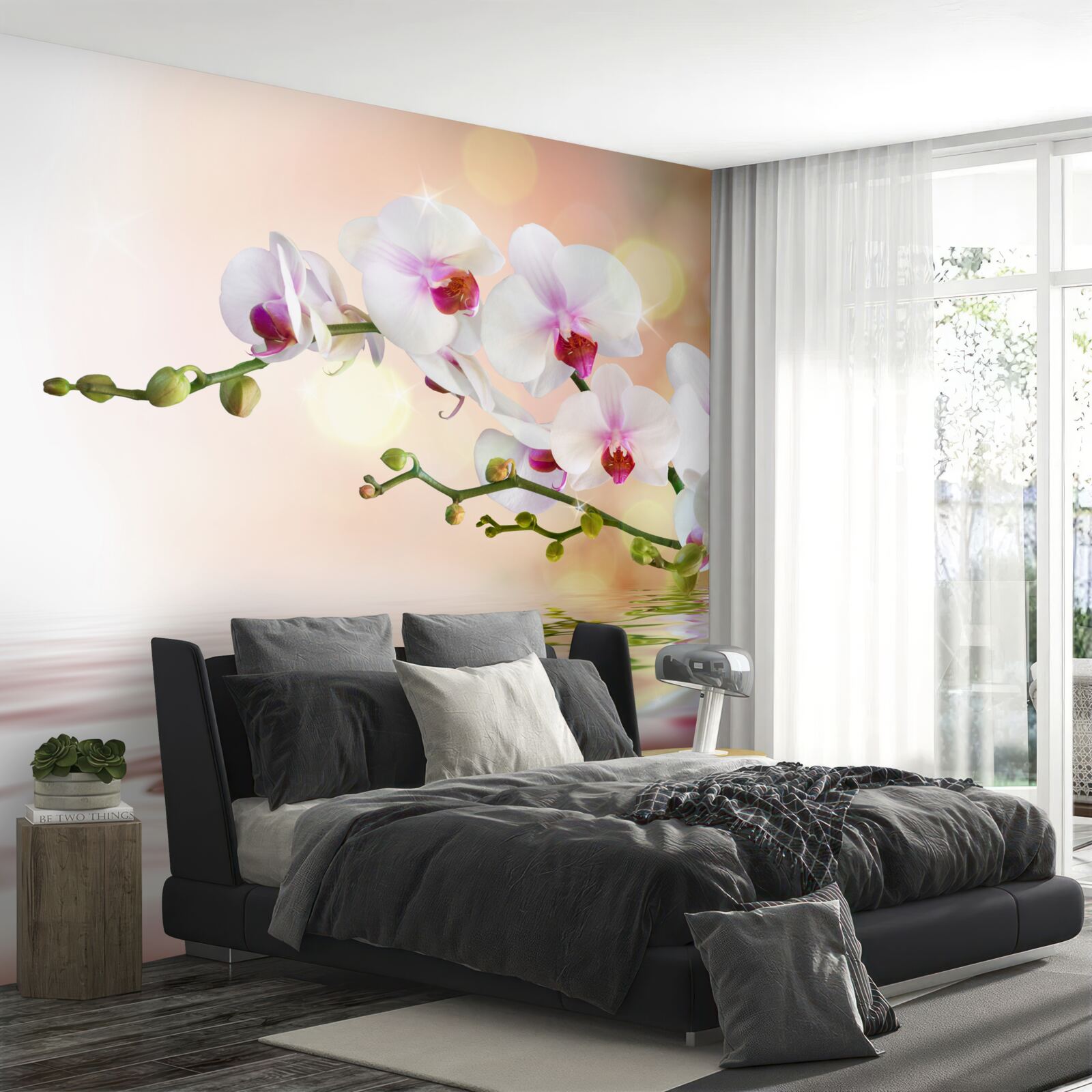 Fototapeta gałąź białej orchidei odbita w wodzie