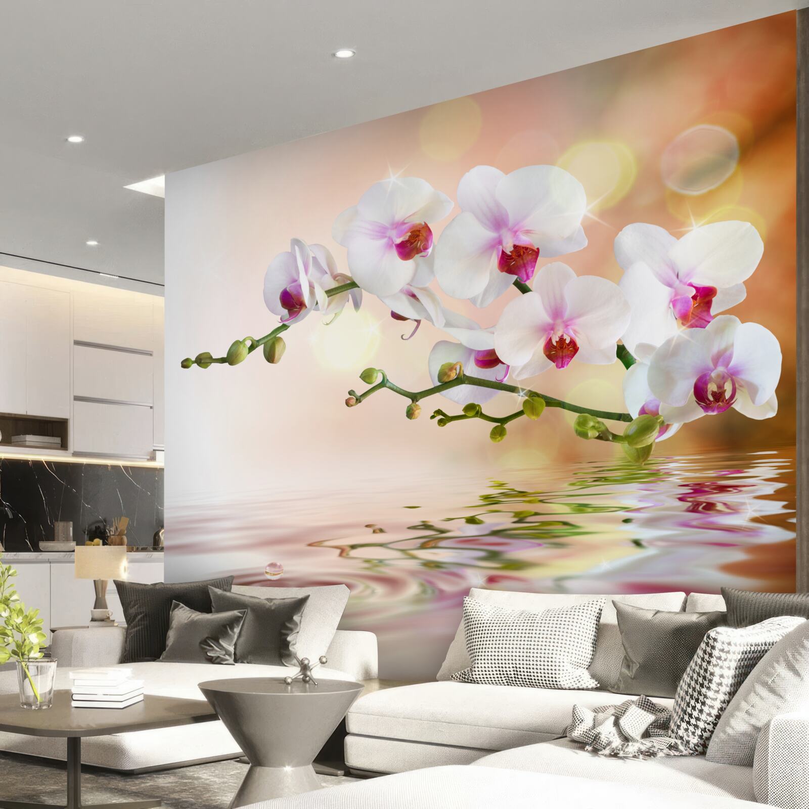 Fototapeta gałąź białej orchidei odbita w wodzie