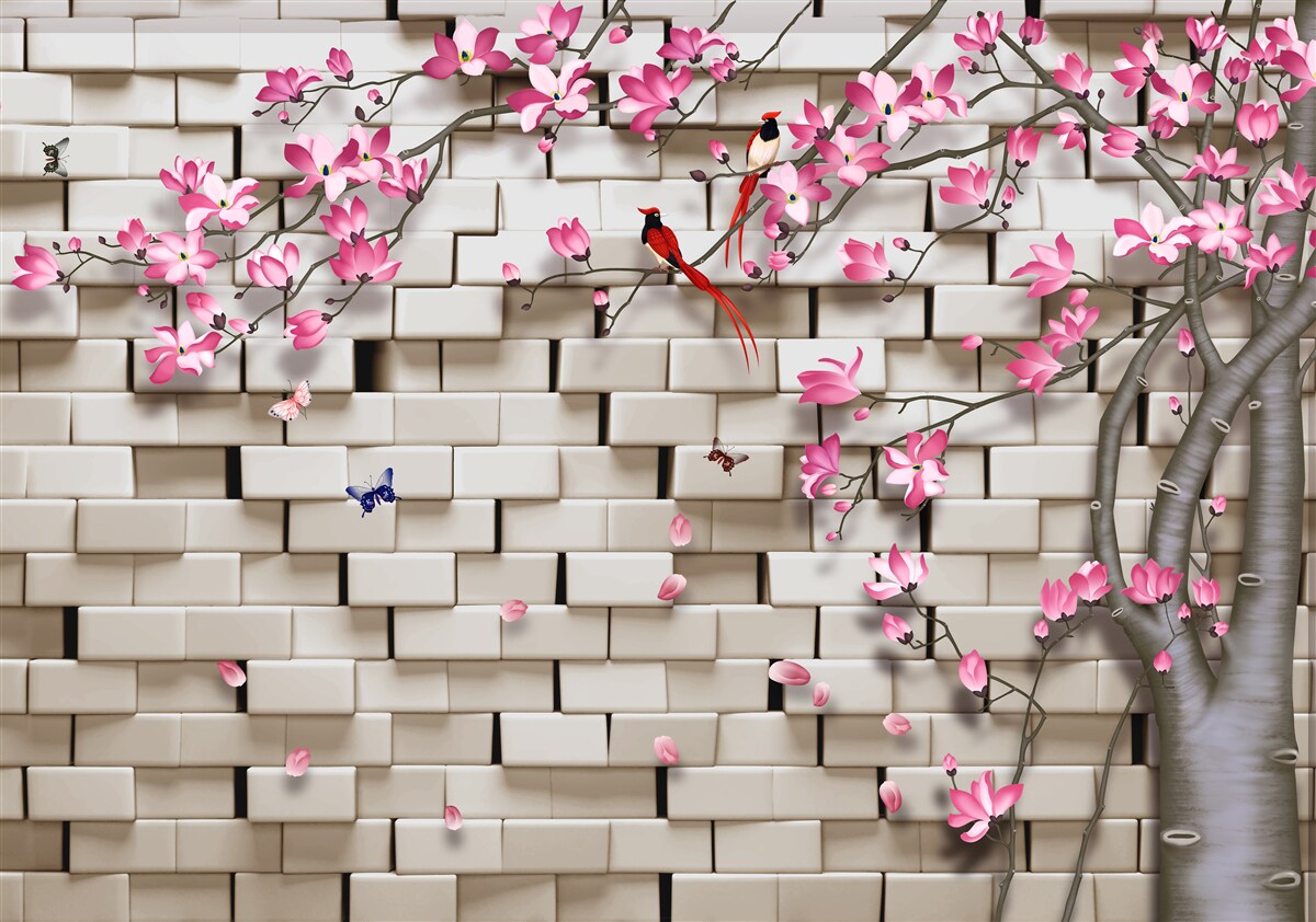 Fototapeta sakura rozkwitła na tle ceglanego muru