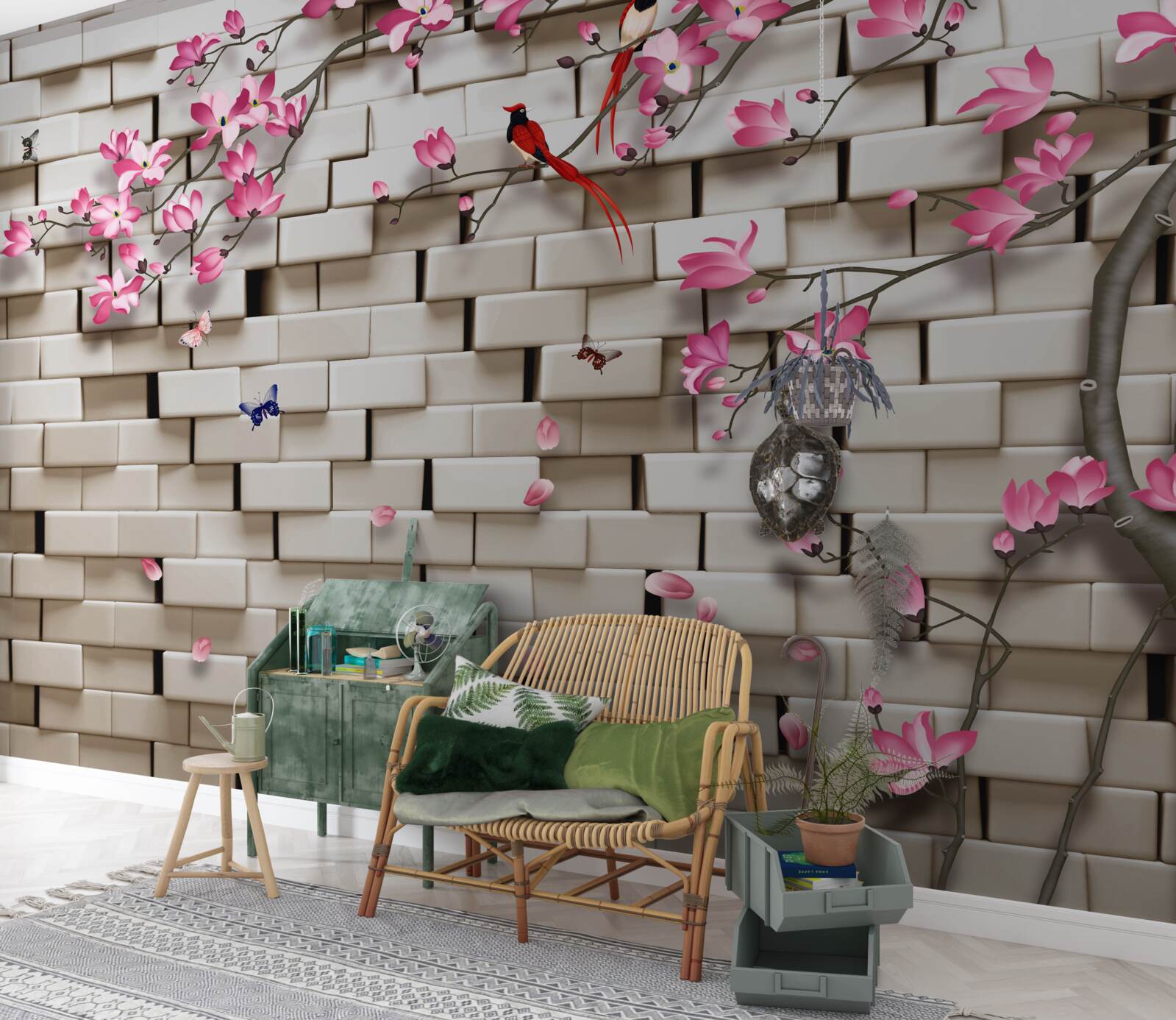 Fototapeta sakura rozkwitła na tle ceglanego muru