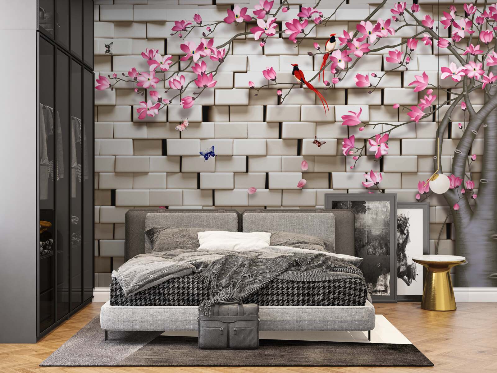 Fototapeta sakura rozkwitła na tle ceglanego muru
