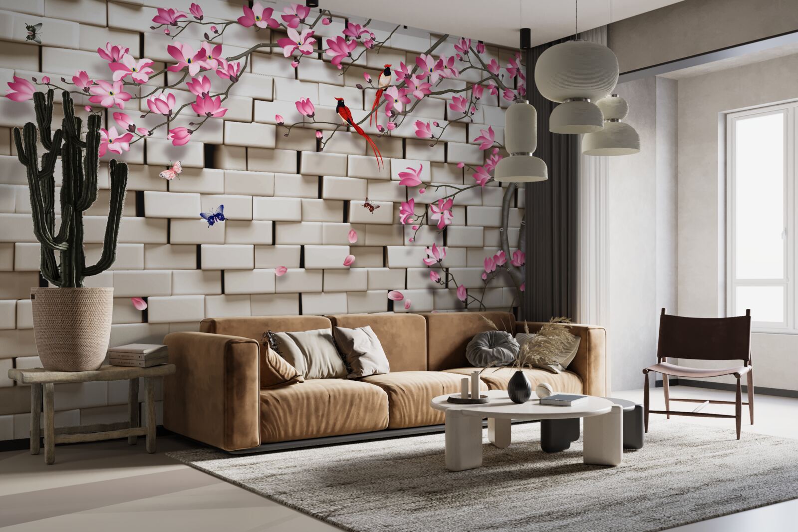 Fototapeta sakura rozkwitła na tle ceglanego muru