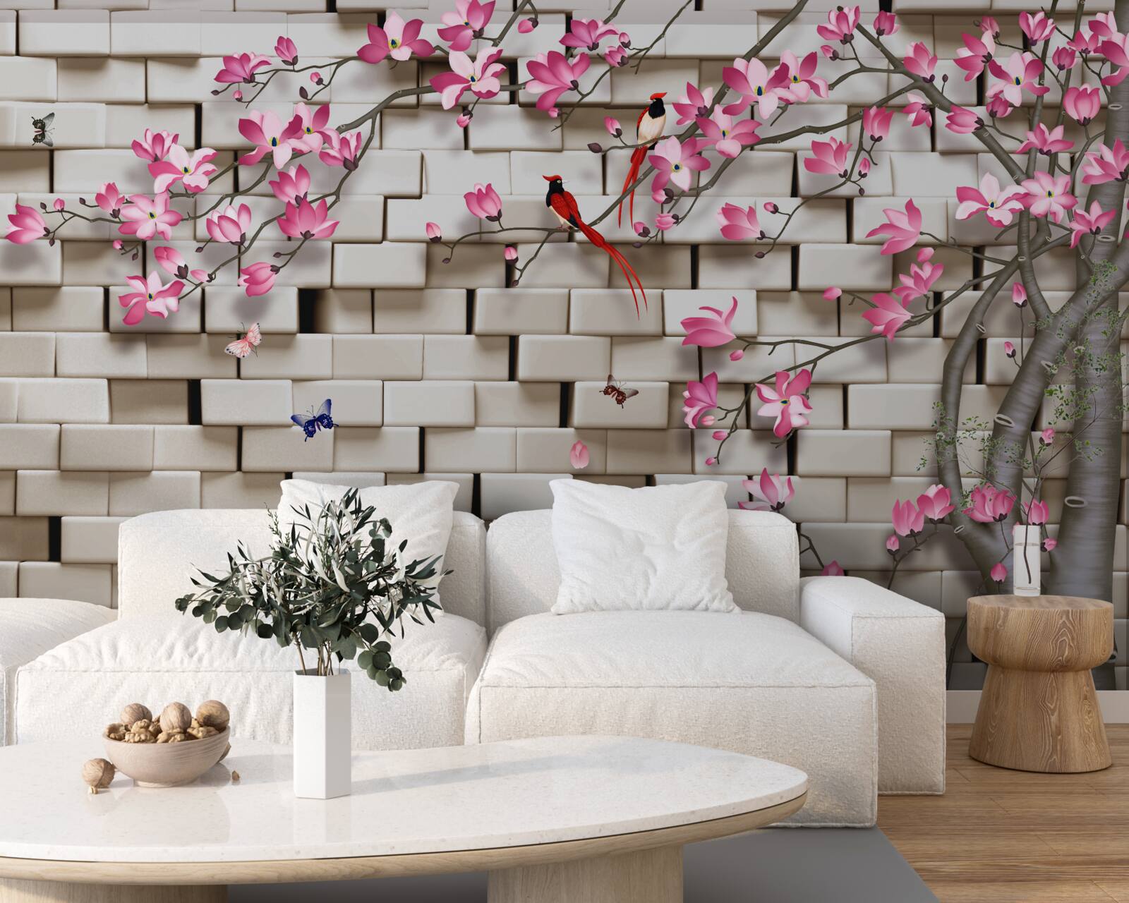 Fototapeta sakura rozkwitła na tle ceglanego muru