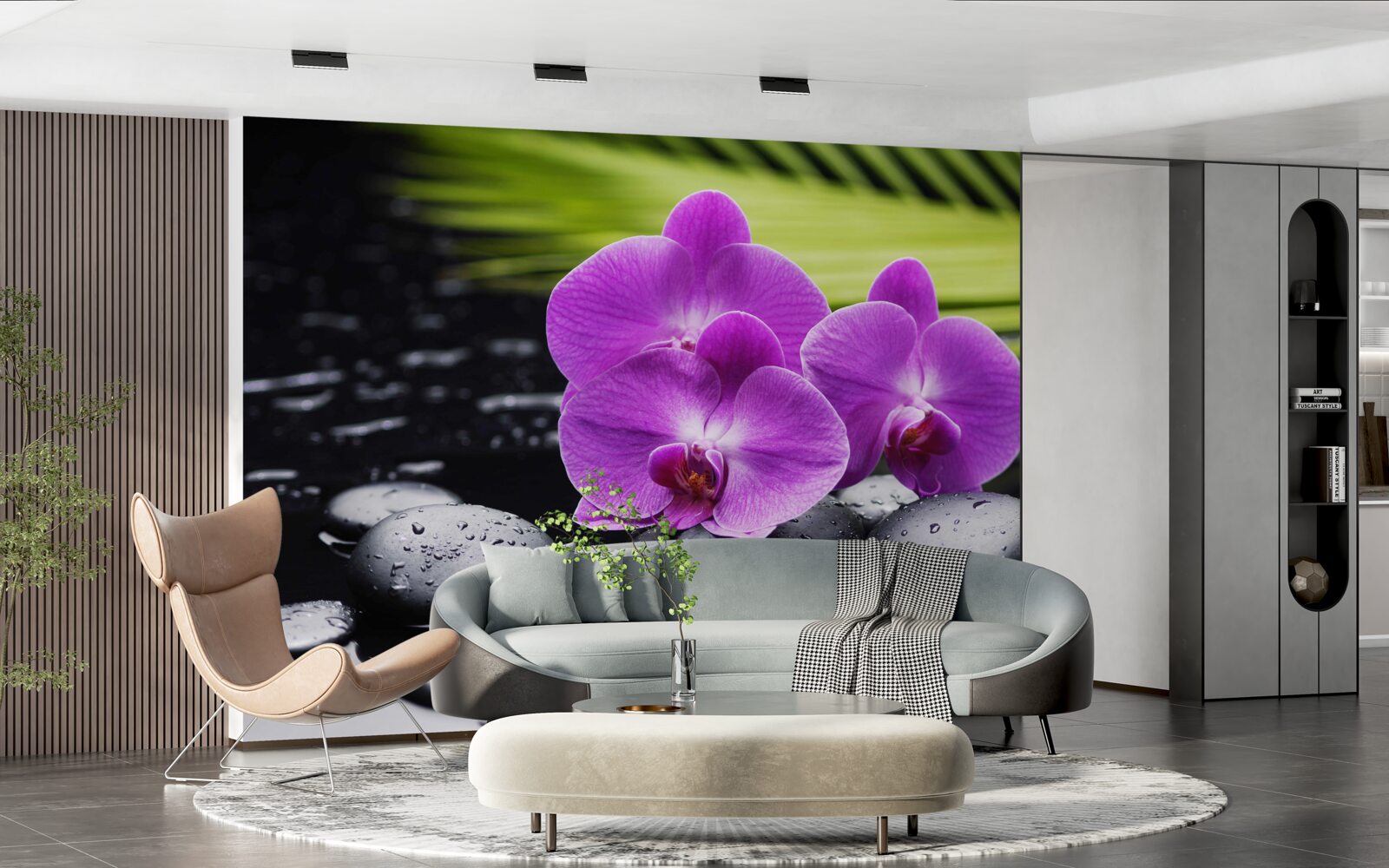 Fototapeta fioletowa orchidea na czarnym kamieniu w pobliżu wody