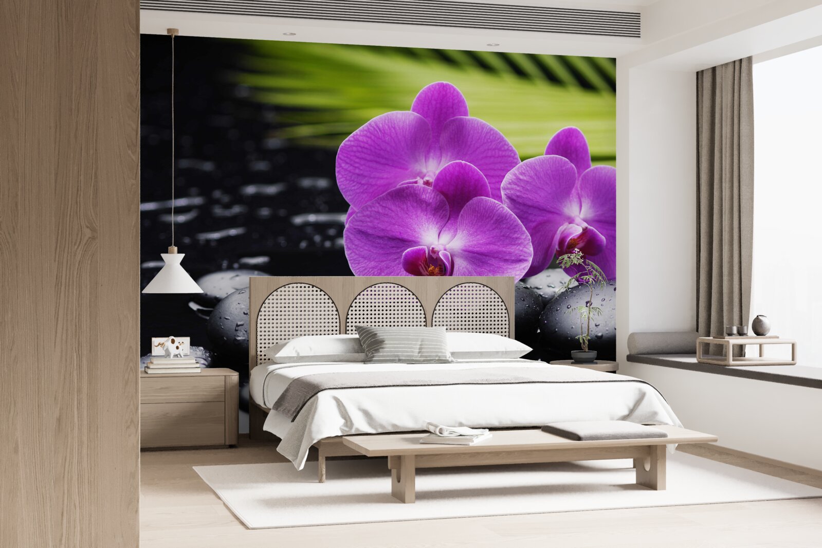 Fototapeta fioletowa orchidea na czarnym kamieniu w pobliżu wody