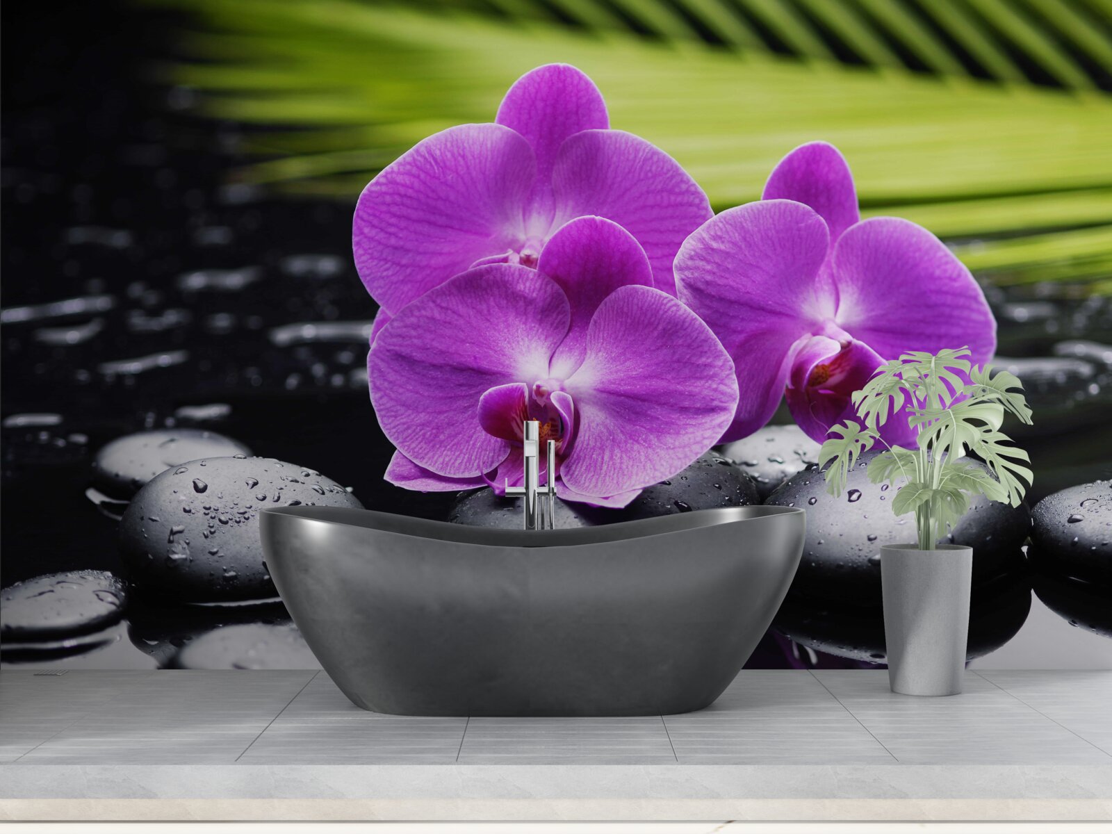 Fototapeta fioletowa orchidea na czarnym kamieniu w pobliżu wody
