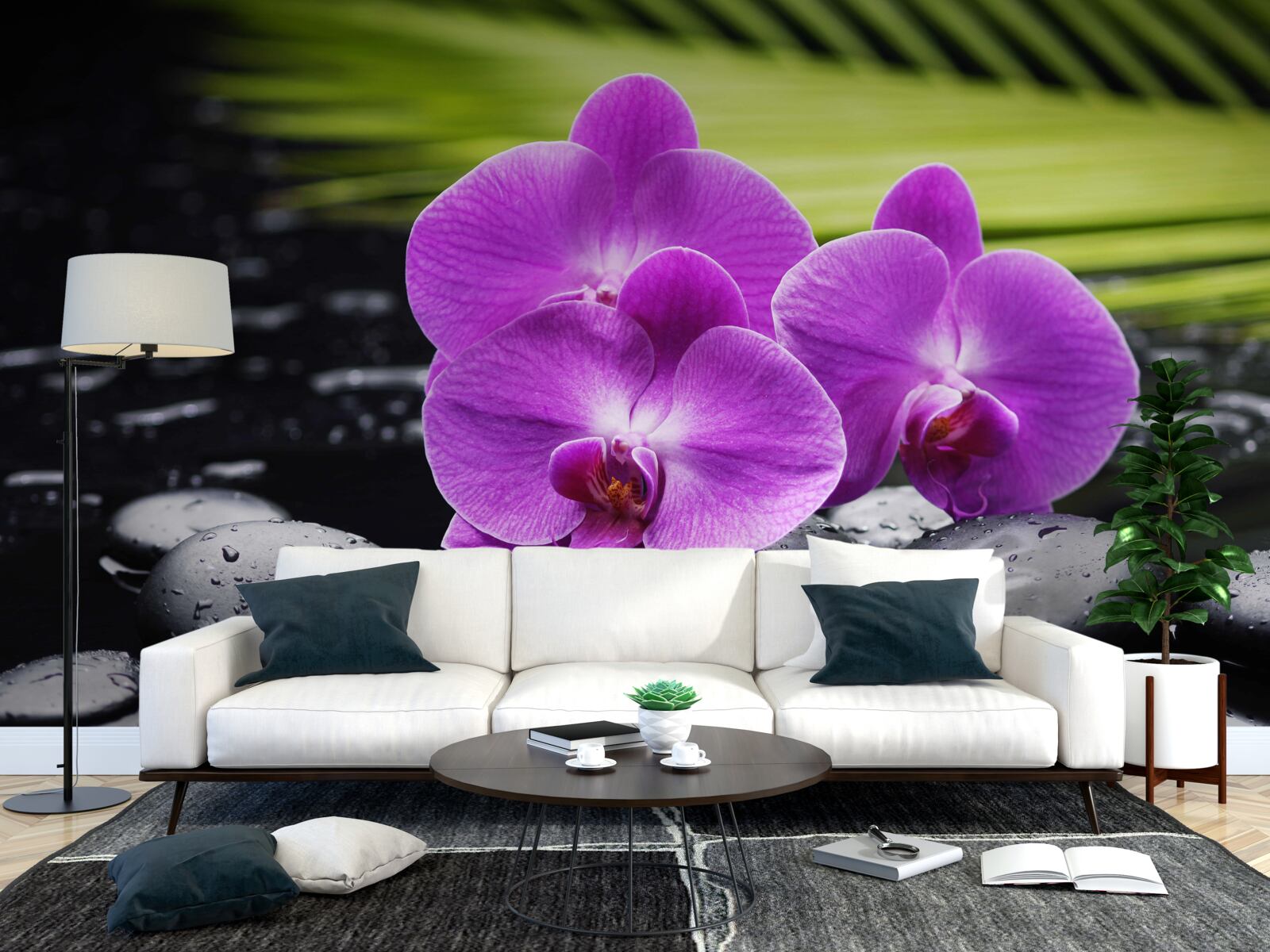 Fototapeta fioletowa orchidea na czarnym kamieniu w pobliżu wody