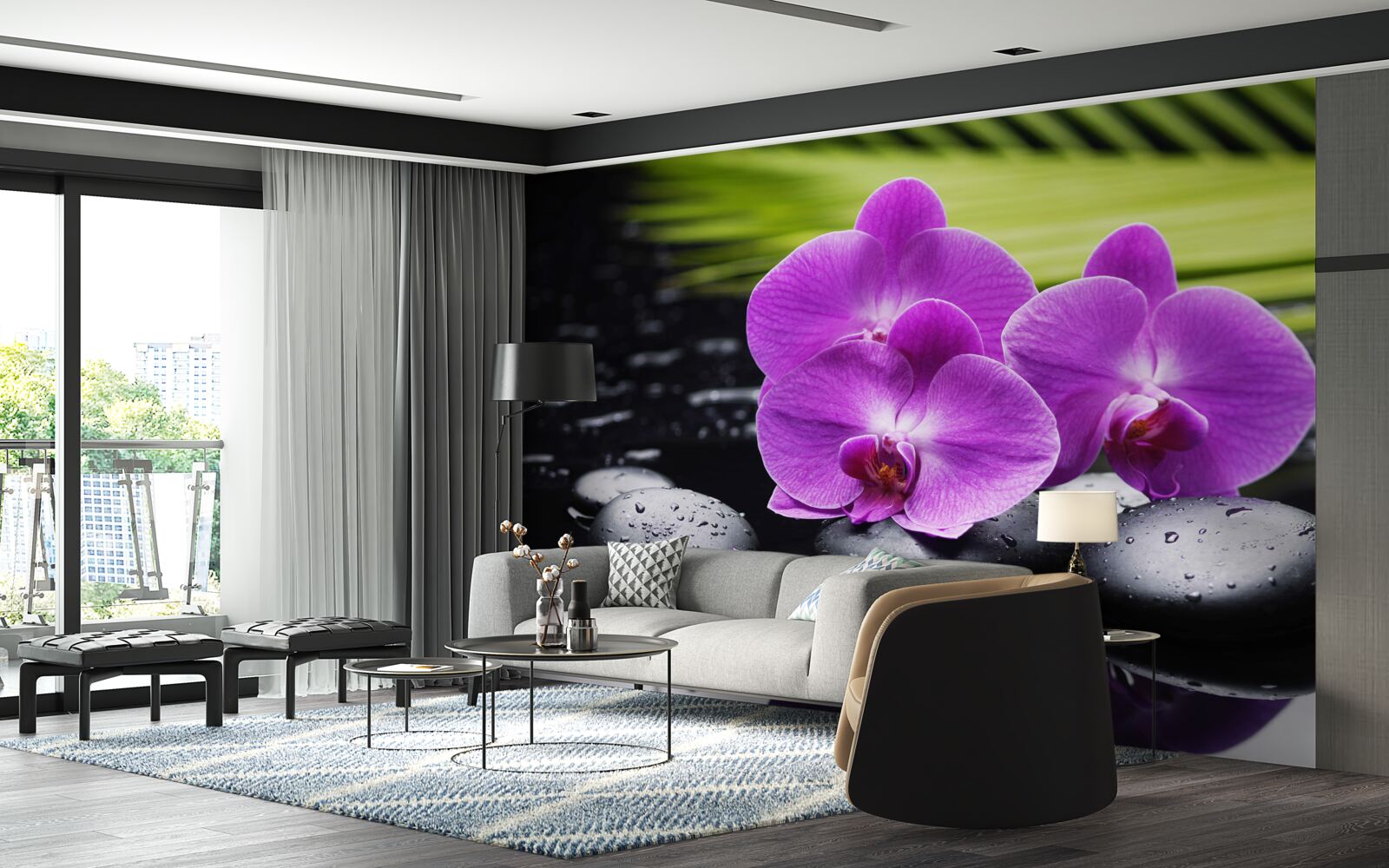 Fototapeta fioletowa orchidea na czarnym kamieniu w pobliżu wody