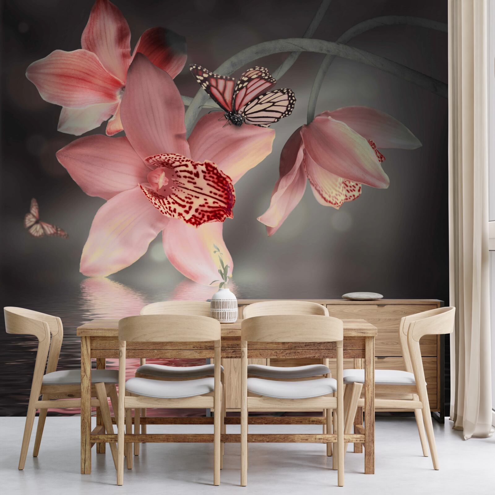 Fototapeta nad powierzchnią wody wisi różowa orchidea