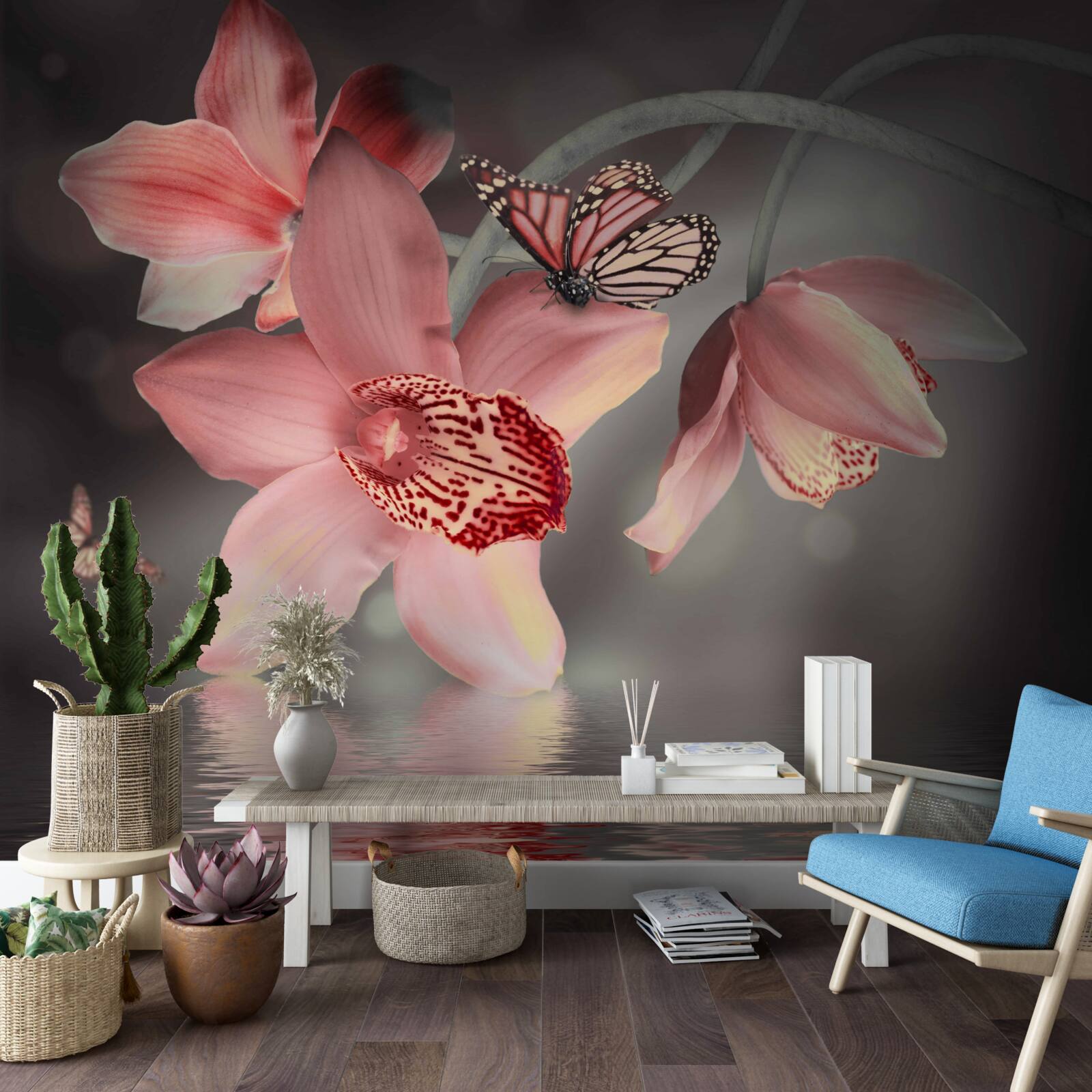 Fototapeta nad powierzchnią wody wisi różowa orchidea