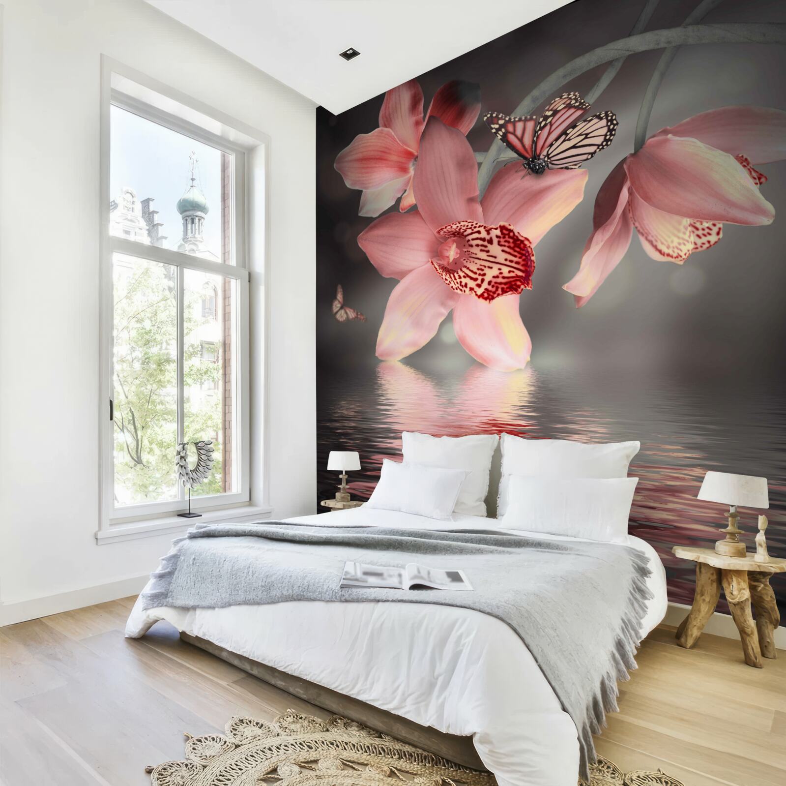 Fototapeta nad powierzchnią wody wisi różowa orchidea