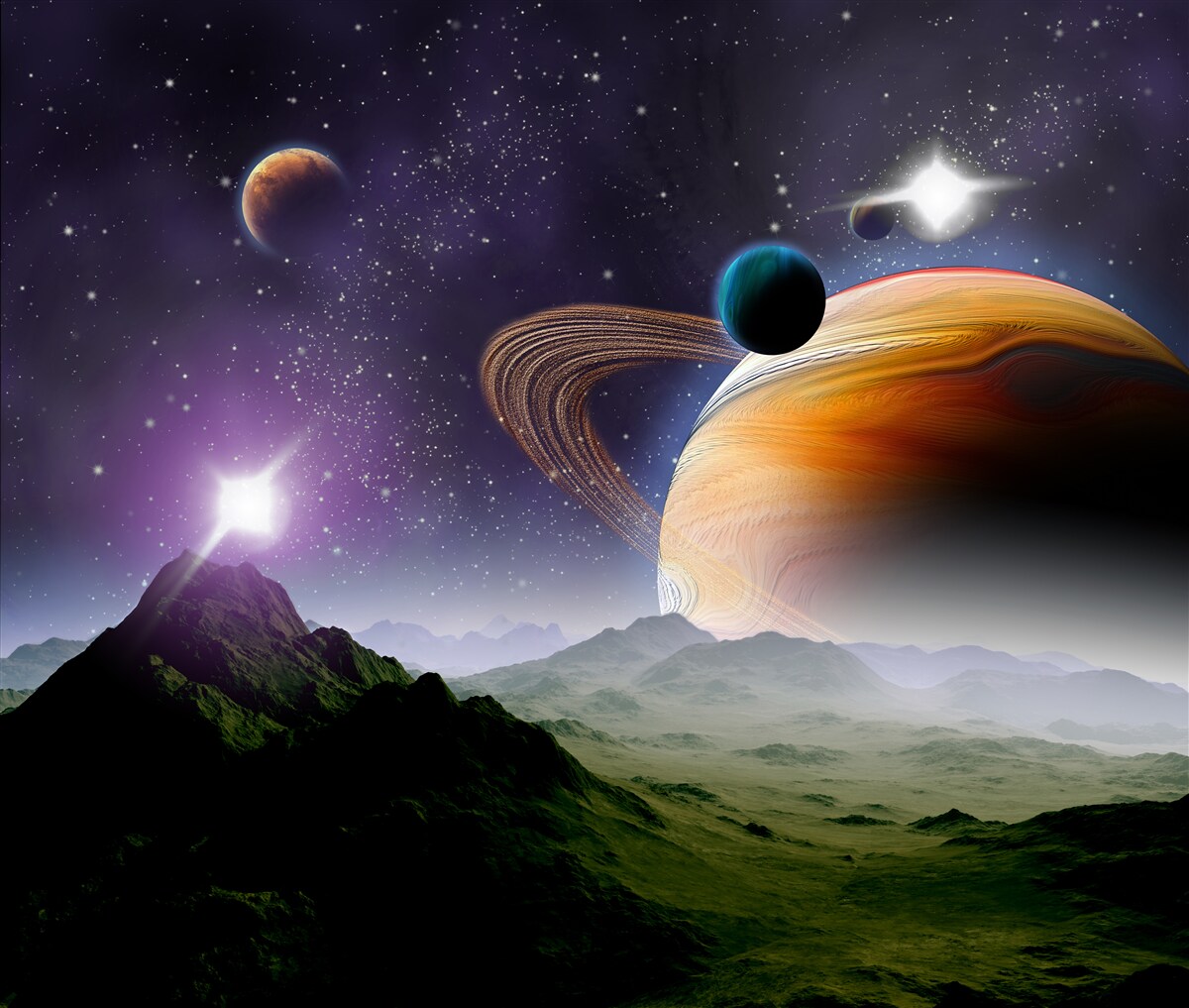 Fototapeta abstrakcyjny obraz planet i gór w kosmosie