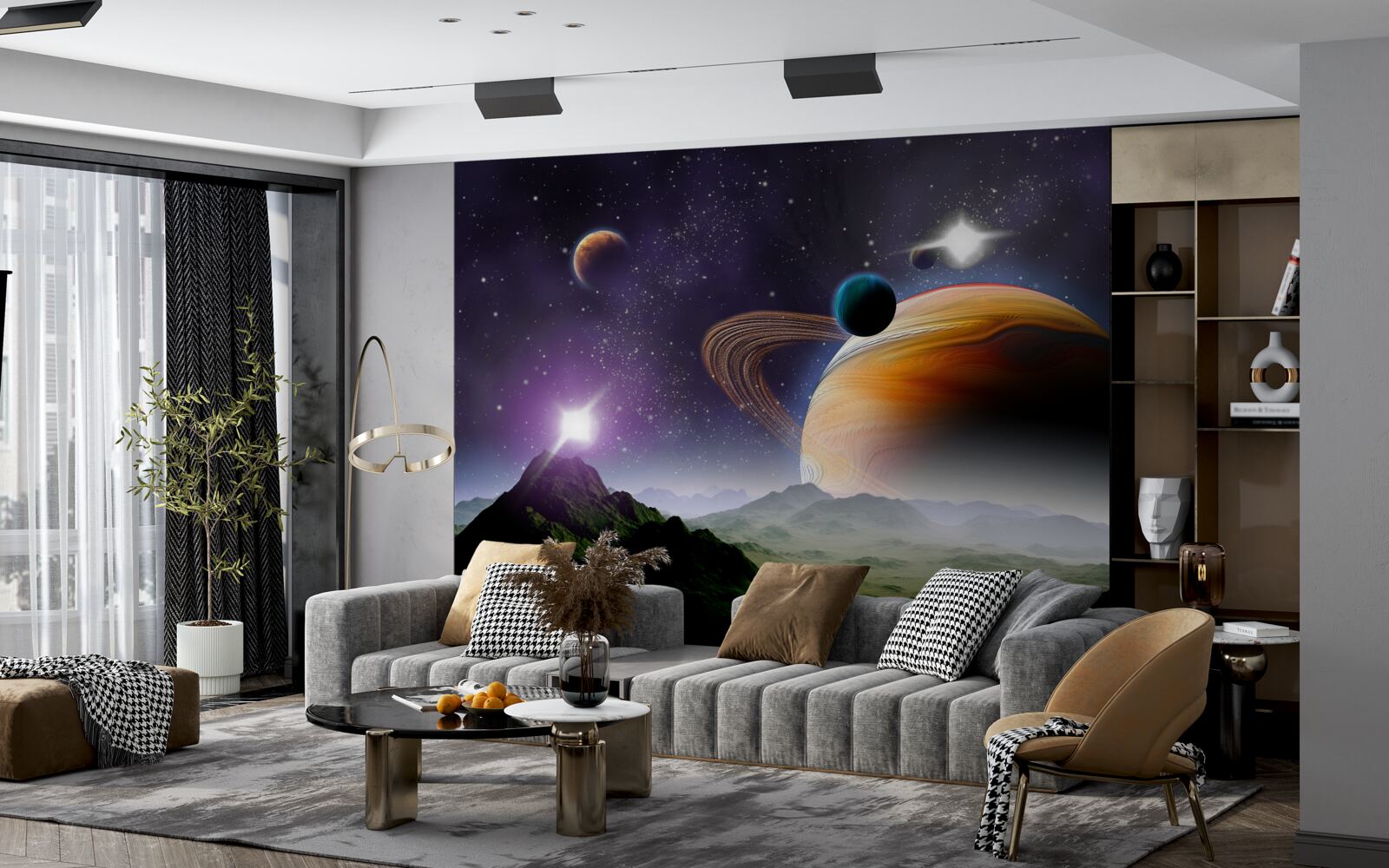 Fototapeta abstrakcyjny obraz planet i gór w kosmosie