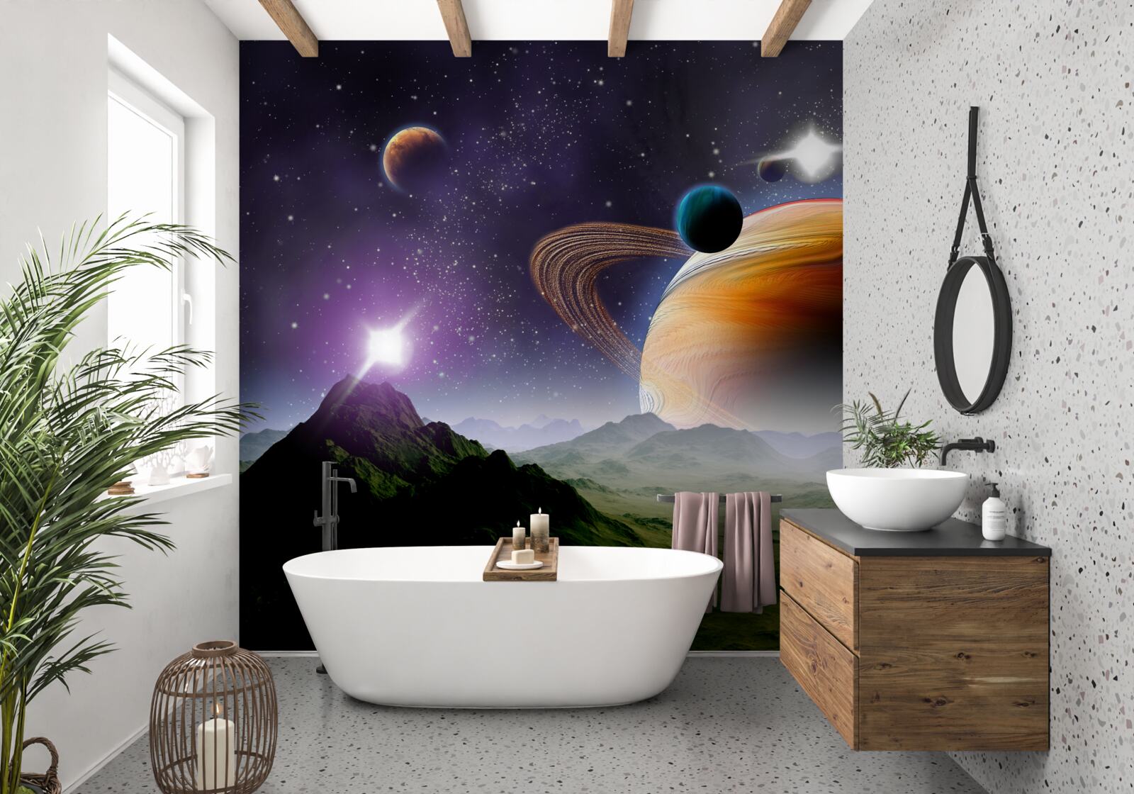 Fototapeta abstrakcyjny obraz planet i gór w kosmosie